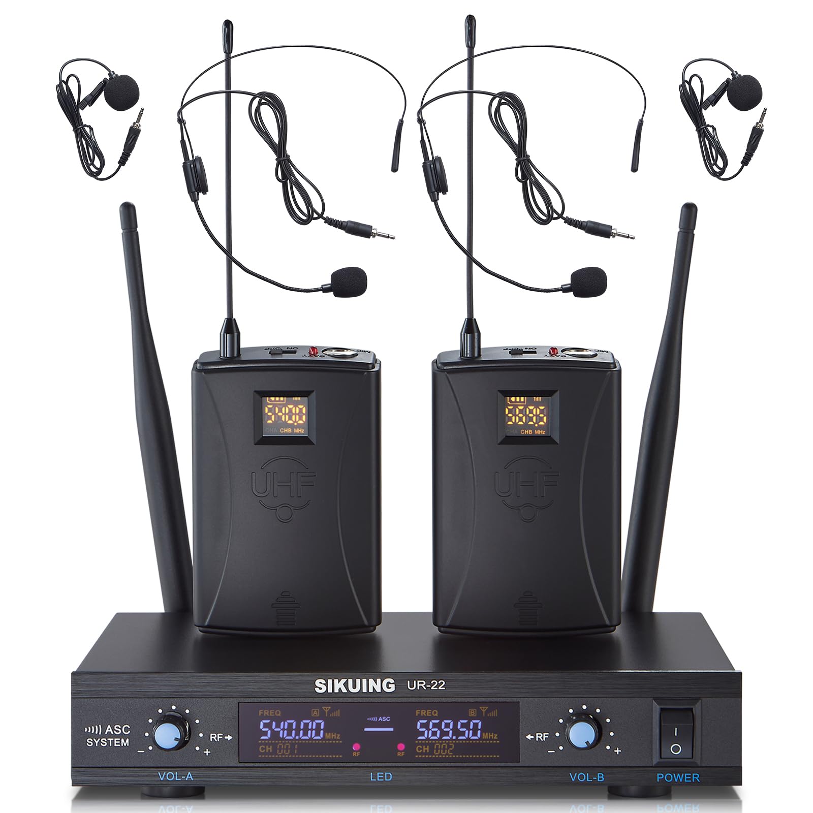 Professional Dual Channel UHF Wireless Microphone System with 2x30 Adjustable Frequencies - Includes Lavalier & Headset Mics for Church, Meetings, Presentations - 300ft Range (2 Bodypack) - Perfect for Worship Services, Corporate Events & Public Speaking