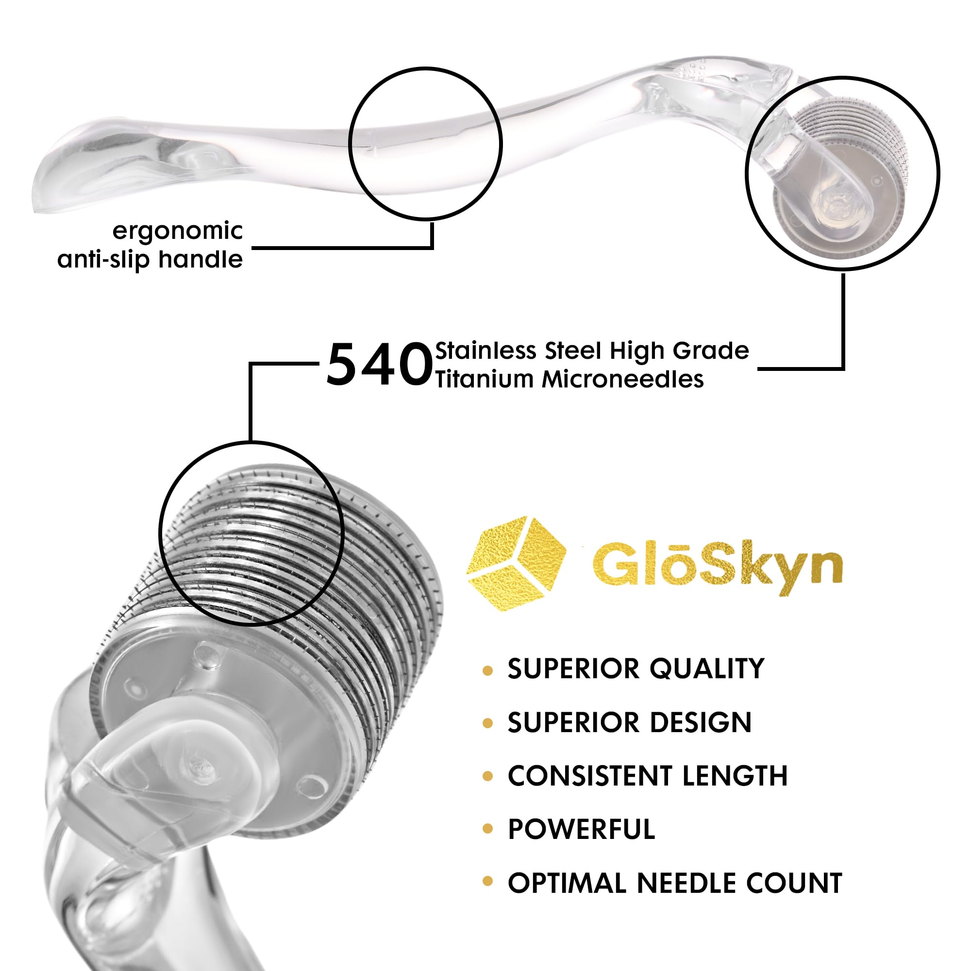 GlSkyn Derma Roller for Face, Scalp & Beard - 0.25mm Microneedling Roller with 540 Titanium Needles for Skin Rejuvenation, Hair Growth & Beard Care - Perfect for At-Home Skincare Routine & Beauty Treatments