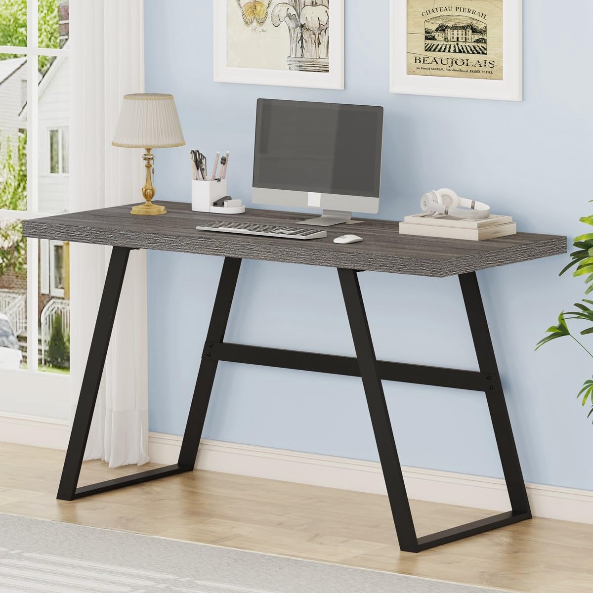 BON AUGURE 55 Inch Computer Desk - Wood & Metal Home Office Workstation (Dark Grey Oak) for Study & Workspace