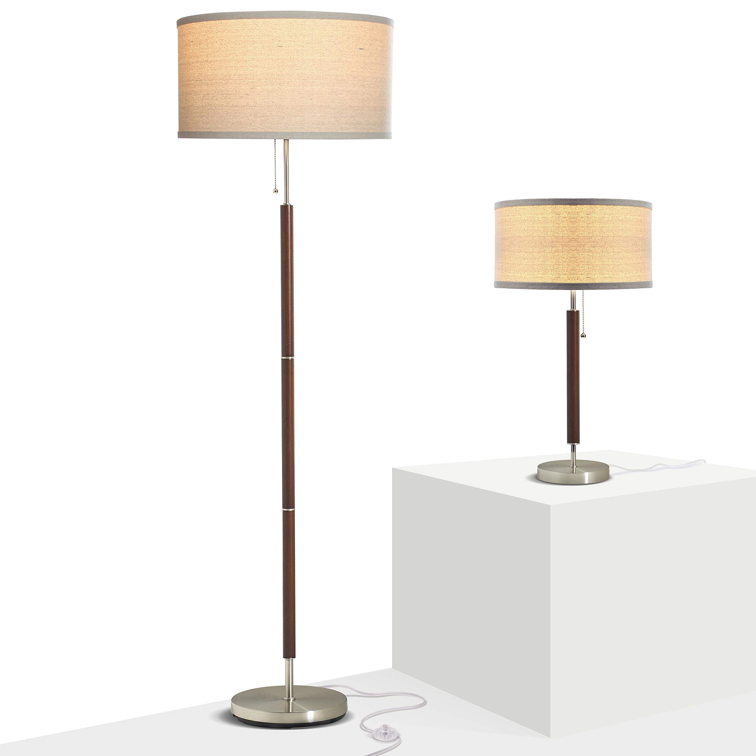 Brightech Carter Modern LED Floor Lamp Set of 2 - Mid-Century Bedside & Living Room Lamps with Drum Shade - Stainless Steel & Wood Finish - Perfect for Bedroom, Office, and Reading Nook Lighting