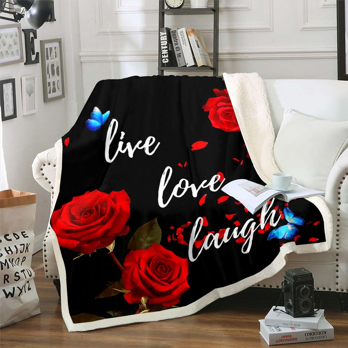 Red Rose Floral Sherpa Fleece Throw Blanket - 40x50 Inch Soft Plush Blanket with Funny Quotes, Flowers & Butterflies - Cozy Inspirational Live Love Laugh Fuzzy Blanket for Sofa, Bed, Couch - Perfect for Home Decor, Gift Giving & Winter Snuggling