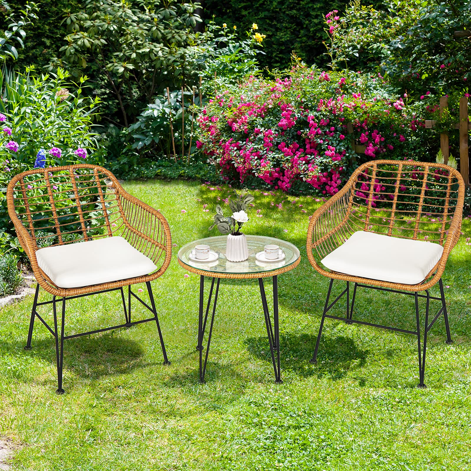 Tangkula 3-Piece Patio Bistro Set - Rattan Wicker Conversation Set with 2 Cushioned Armchairs & Round Glass Coffee Table - Indoor Outdoor Furniture for Balcony, Backyard, Garden, Poolside - Perfect for Relaxing, Entertaining, and Outdoor Dining