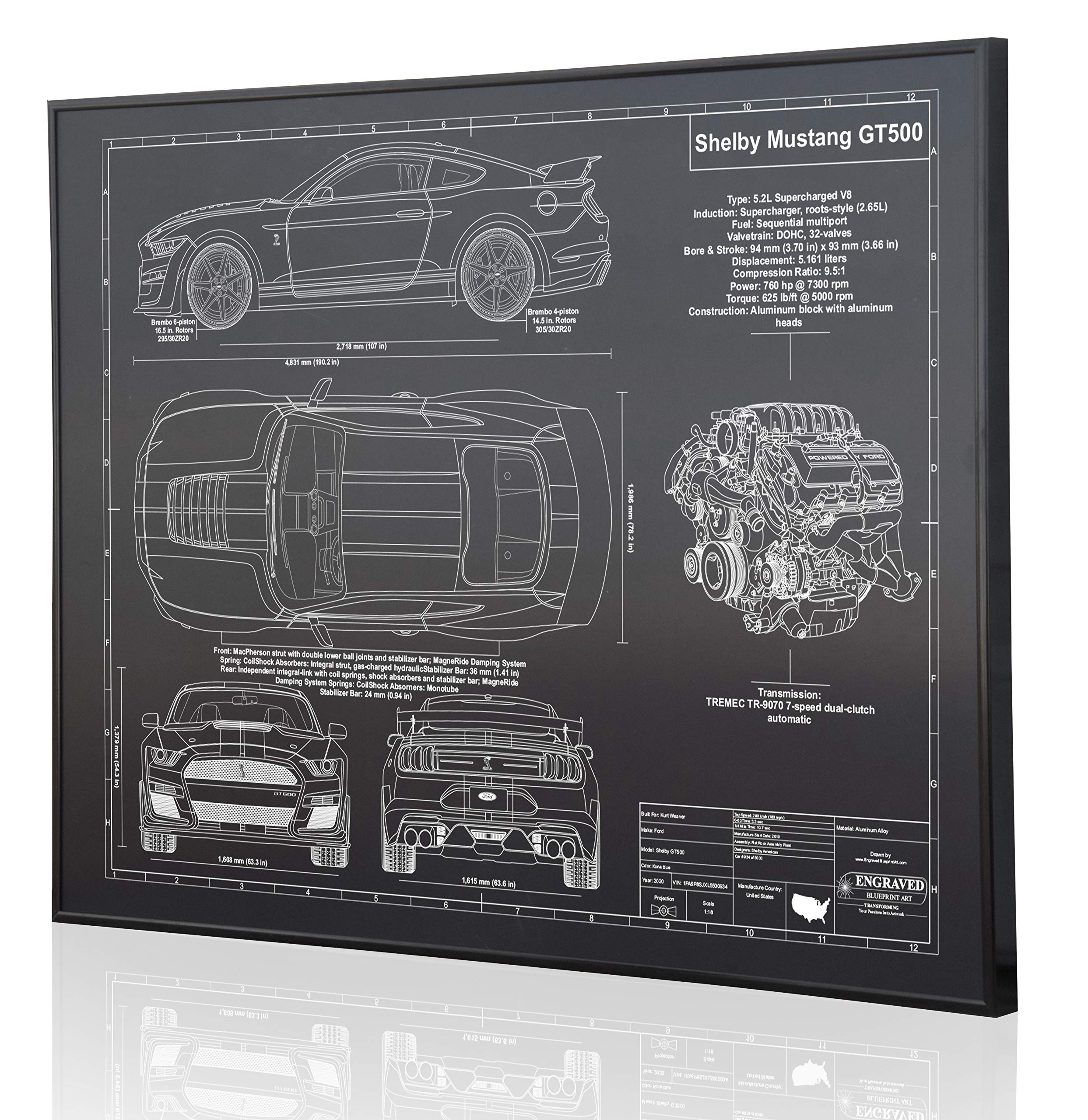 2020 Ford Mustang Shelby GT500 Blueprint Artwork - Laser Engraved & Personalized - Unique Ford Enthusiast Gift for Home, Office, or Man Cave Decor