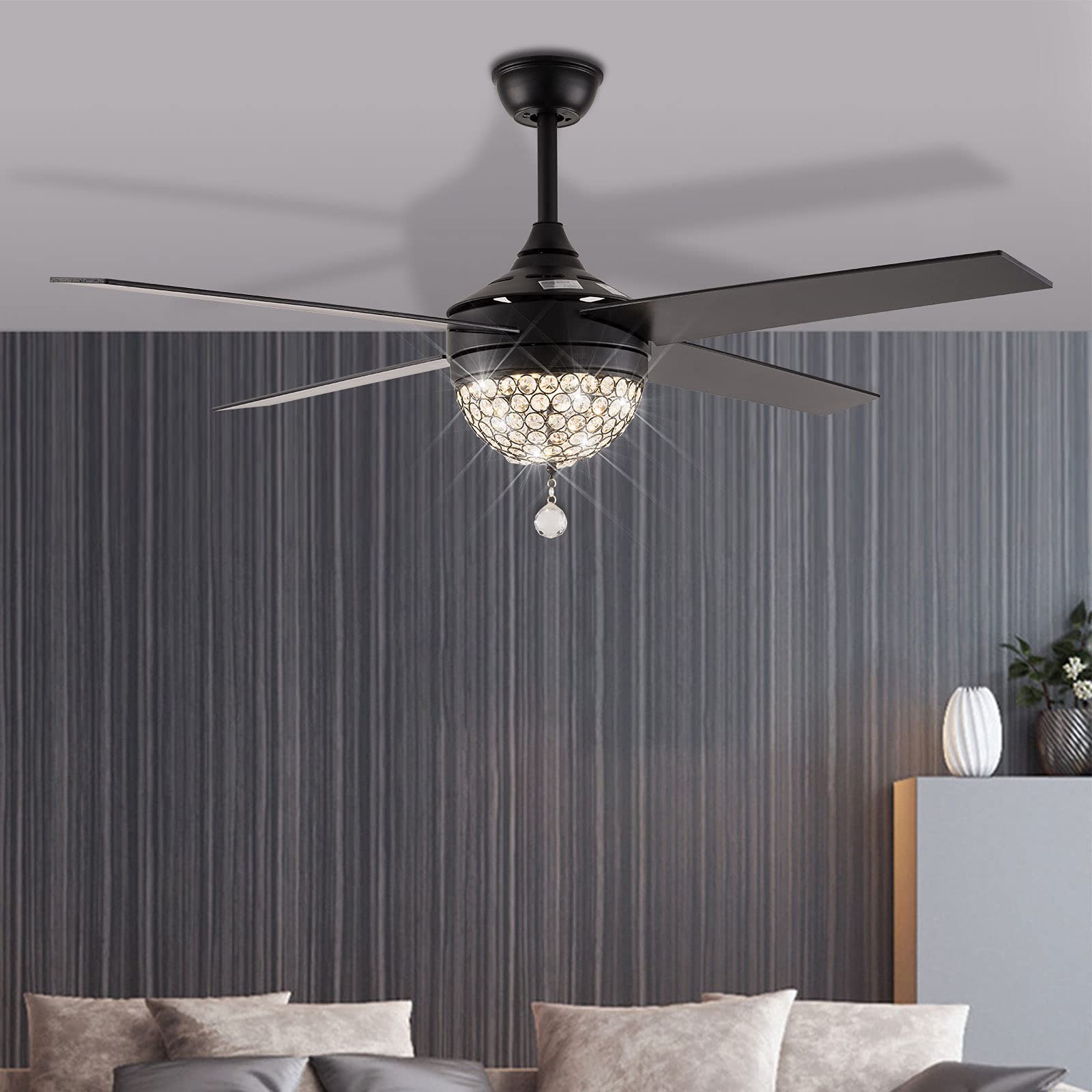 Modern Crystal Pendant LED Chandelier Ceiling Fan with Remote Control - 42 Inch Black, Dimmable 3-Color & 3-Speed Adjustable Invisible Fan - Perfect for Living Room, Bedroom, and Dining Room Lighting