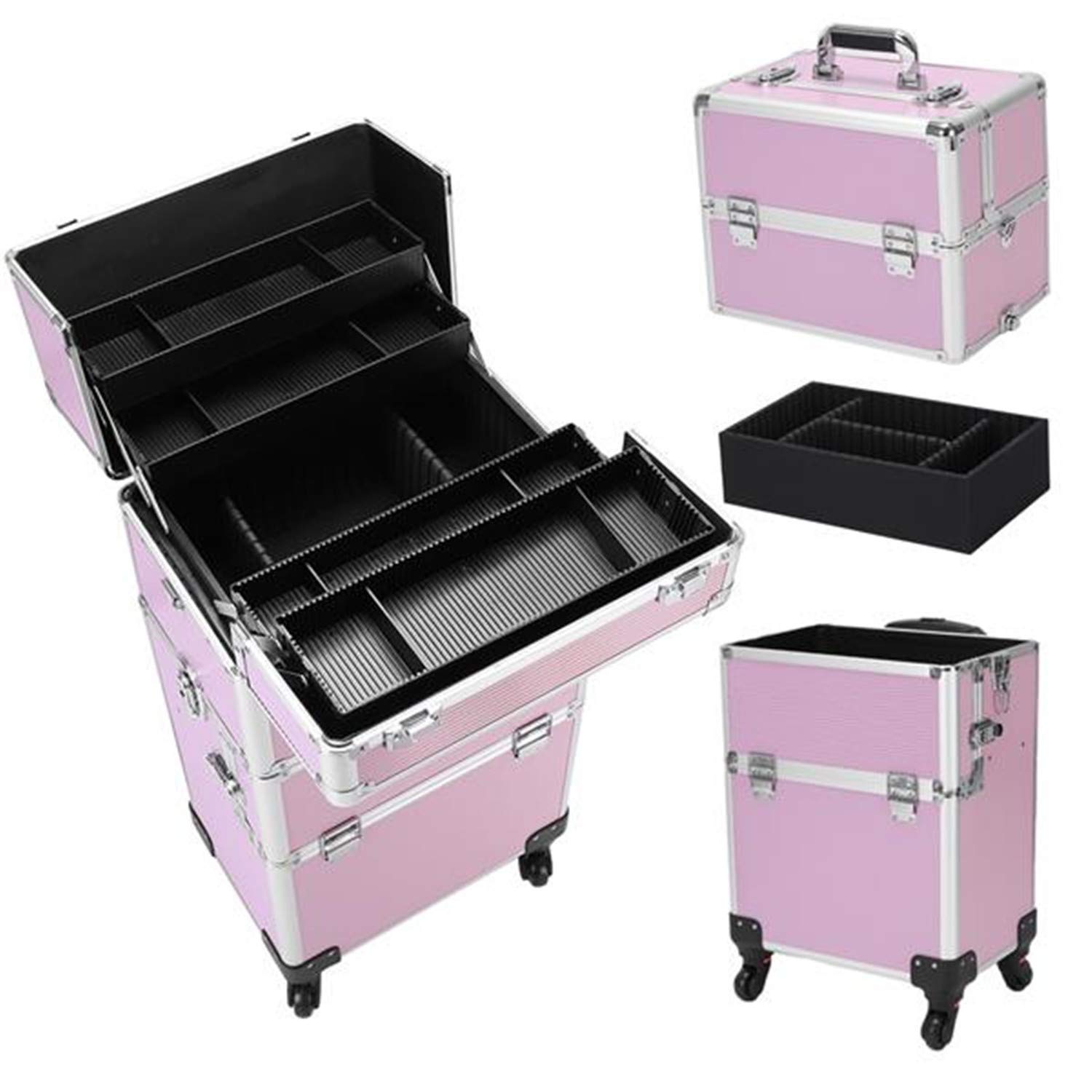 Professional 3-in-1 Aluminum Rolling Makeup Case - Cosmetic Organizer with 4 Detachable Wheels, Pink Trolley Train Case for Artists & Tattoo Professionals | Perfect for Salon, Travel & Mobile Beauty Services