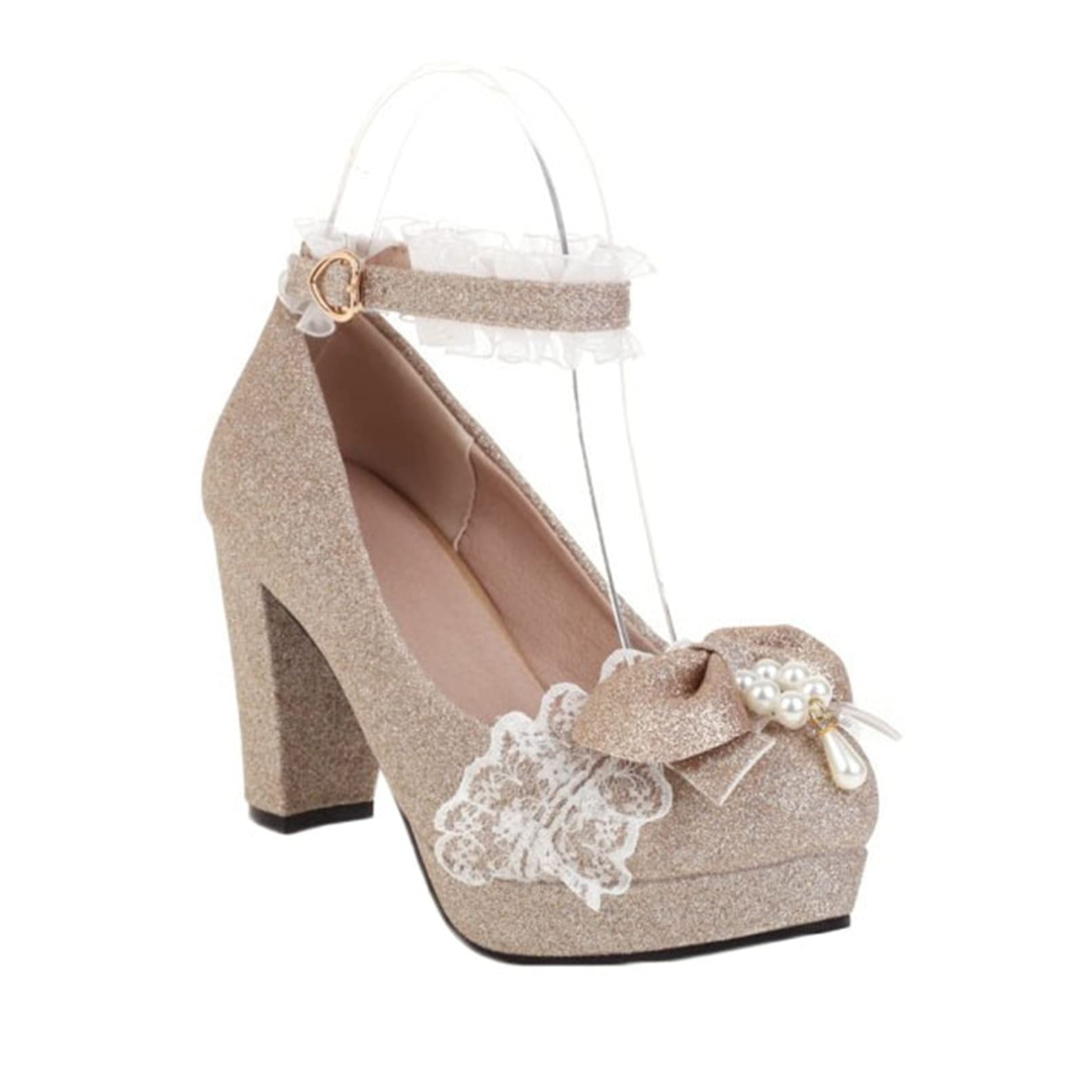 YANUS Women's Platform Mary Jane Shoes - Leather Formal Pumps with Bowknot Lace & Buckle Strap for Cosplay, Lolita Fashion | Low Cut Sequins Dress Shoes for Parties, Weddings & Vintage Outfits