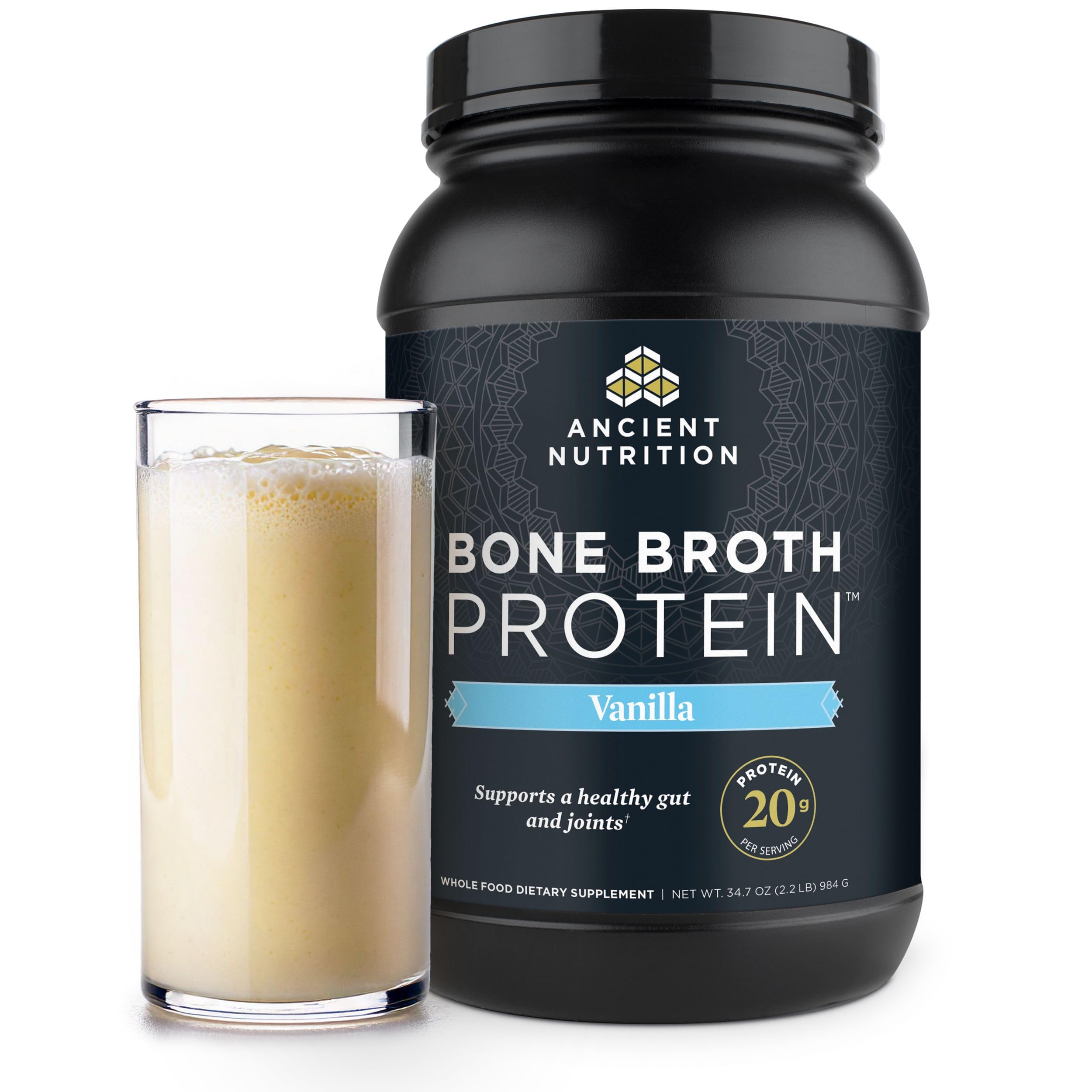 Ancient Nutrition Grass Fed & Cage Free Bone Broth Protein Powder - 20g Protein, Hydrolyzed Collagen Peptides with Glucosamine & Chondroitin for Joint & Gut Health - Vanilla Flavor (40 Servings) - Ideal for Post-Workout Recovery, Keto & Paleo Diets