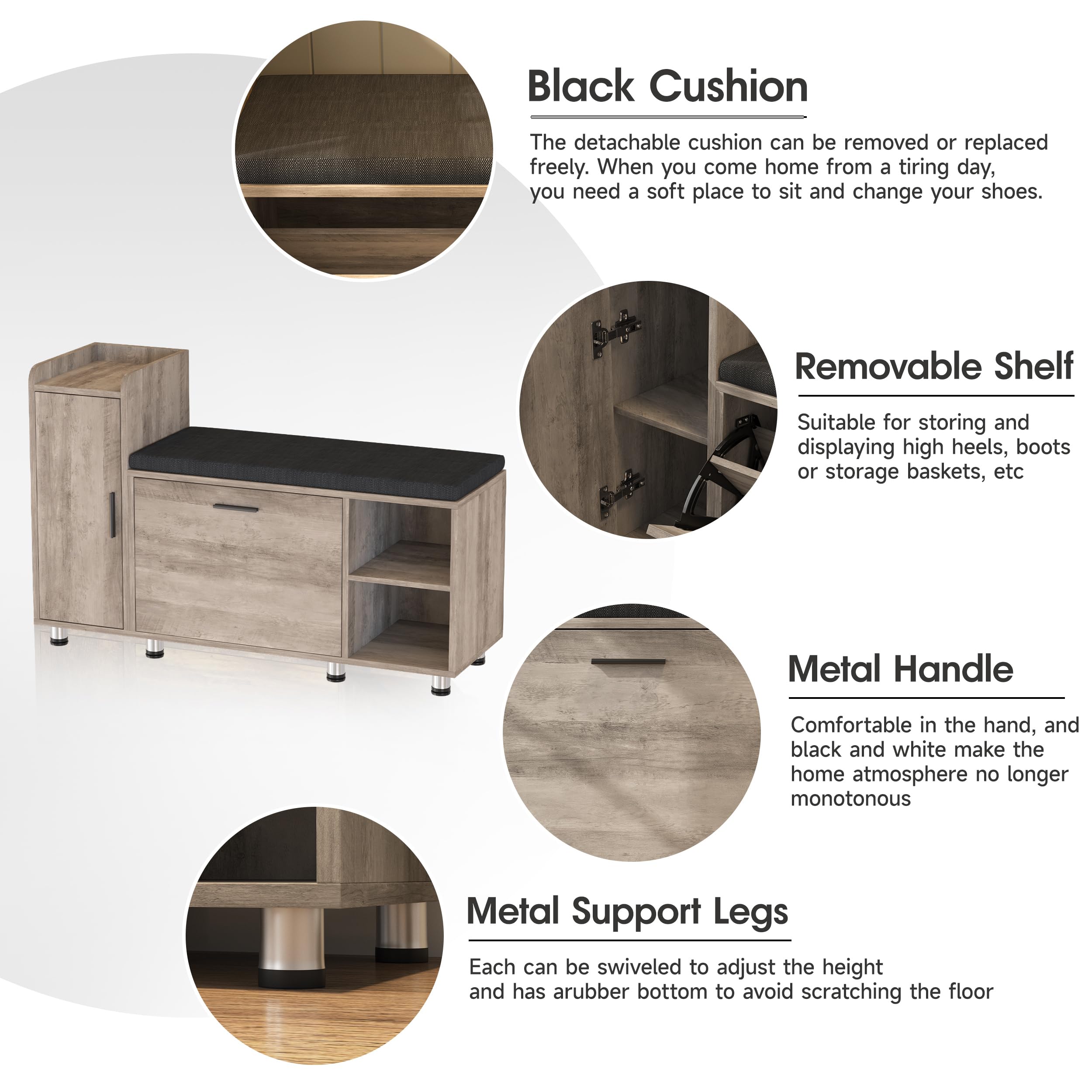 Maupvit Shoe Storage Bench with Flip Drawer Shoe Cabinet - 8 Height Adjustable Metal Feet, Entryway Bench with Removable Seat Cushion - Shoe Organizer for Hallway, Living Room & Bedroom - Washed Gray Modern Entry Furniture