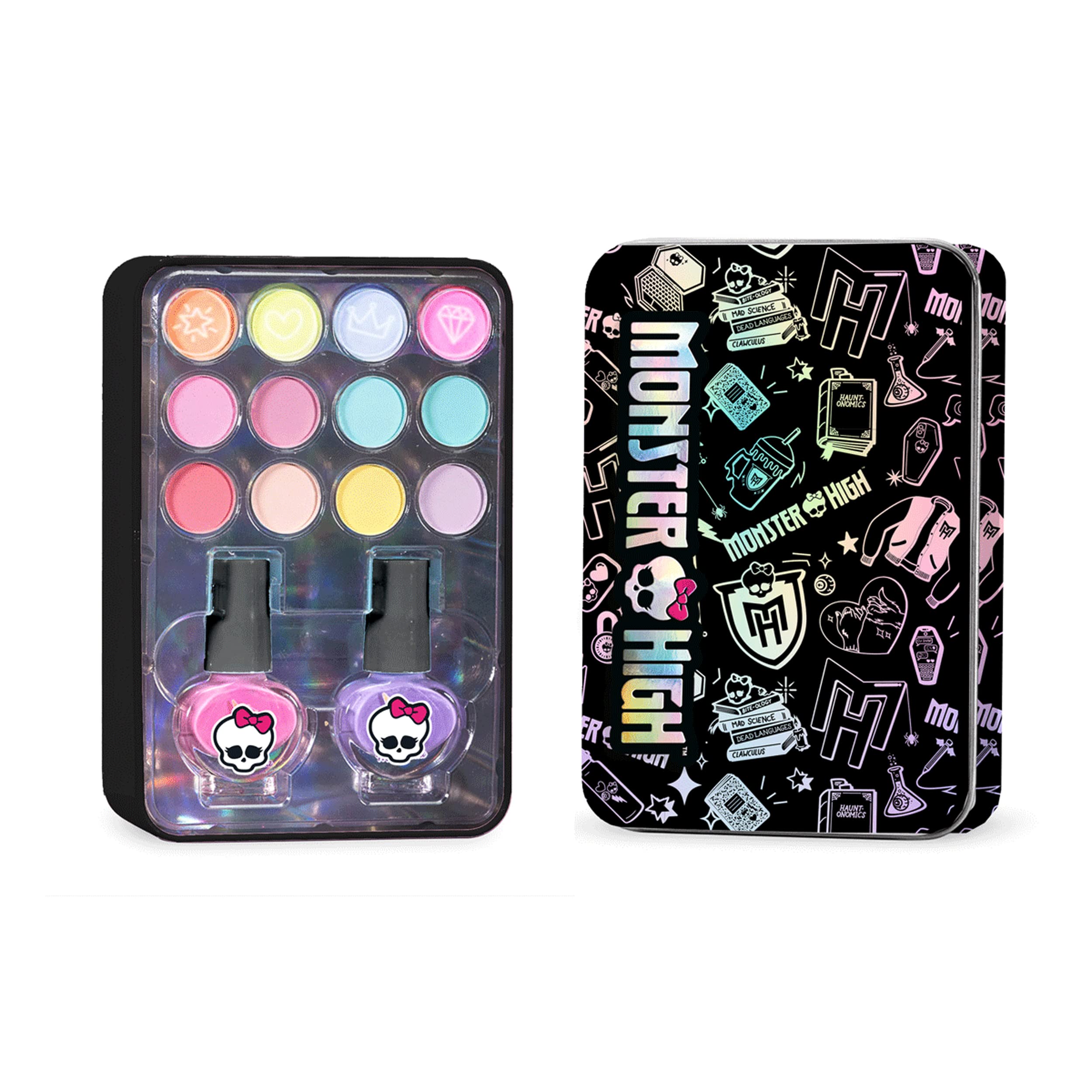 Monster High Tin Case Nail & Makeup Set - Eyeshadow Palette & Nail Polish Kit for Teens, Girls | Perfect for Birthday Gifts, Halloween Costumes & Party Makeovers
