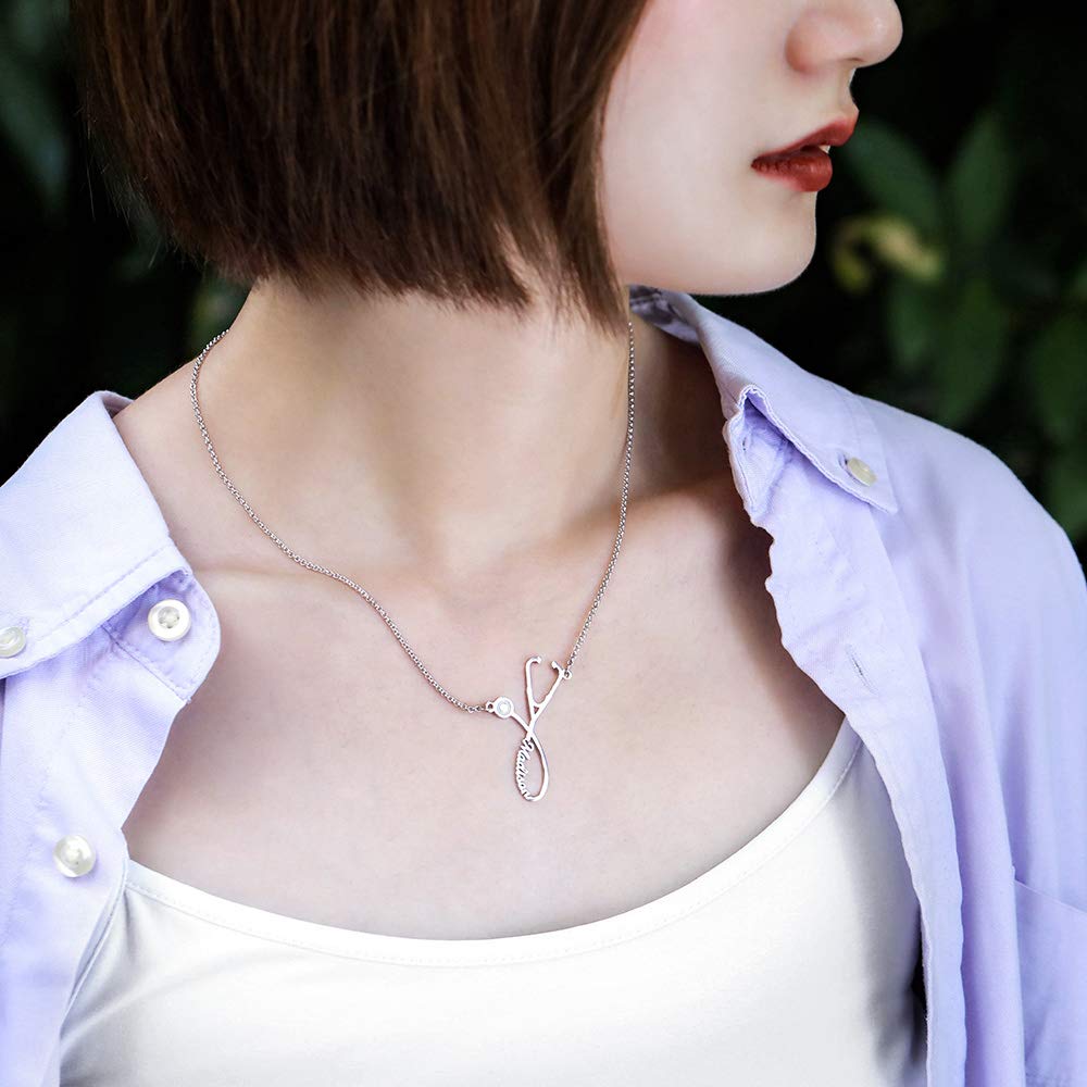 Personalized Stethoscope Name Necklace - 925 Sterling Silver, 10k/14k/18k Gold Engraved Pendant for Doctors & Nurses | Custom Medical Jewelry Gift for Healthcare Professionals | Perfect for Graduation, Appreciation & Daily Wear