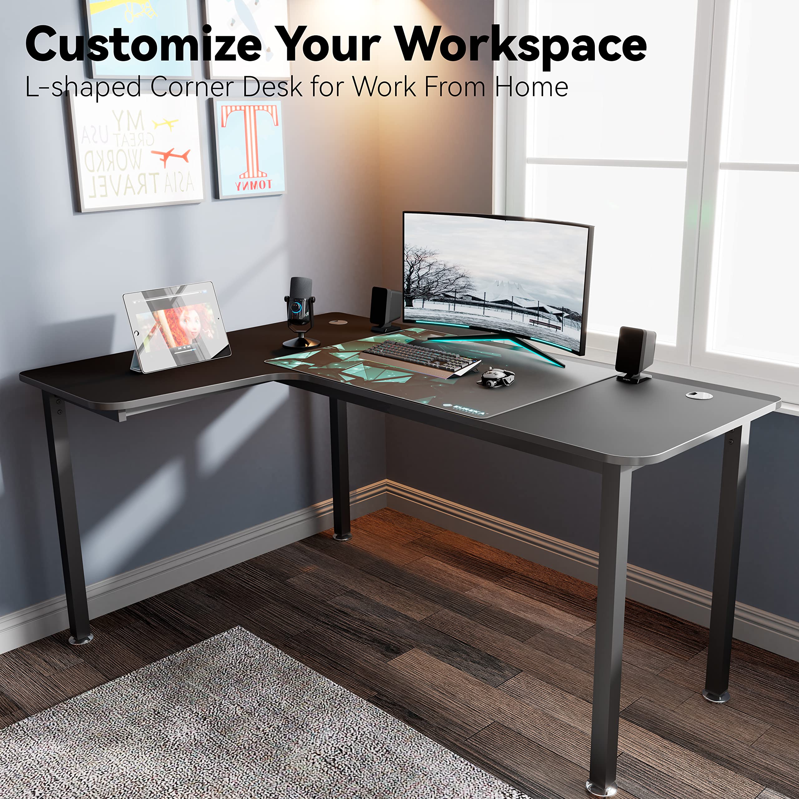 L-Shaped Gaming Desk 60 Inch Corner Computer Desk - Modern Study Writing Workstation with Large Mouse Pad, Sturdy Metal Frame, Easy Assembly (Black) - Perfect for Home Office, Gaming Setup & Small Spaces