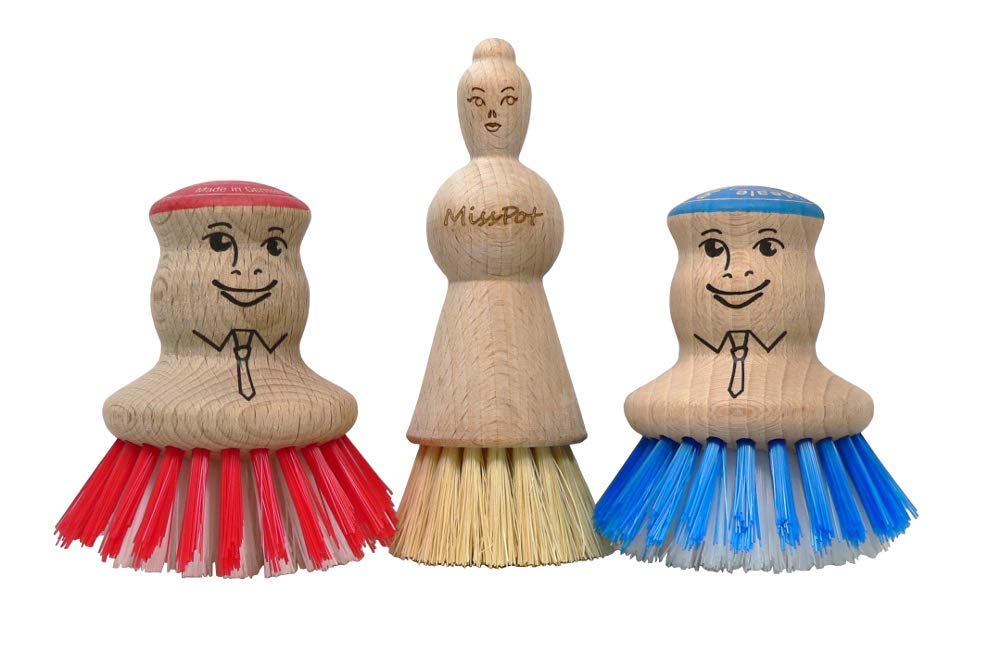 Valentino Garemi 3-Piece Kitchen Pot and Pan Cleaning Brush Set - Durable Sink Scrubber for Saucepans, Ceramic Plates, Grill Press, Silverware (Forks, Spoons, Spatula) - Made in Germany (Blue/Red) - Perfect for Home Cooking, Camping & Outdoor BBQ Cleaning