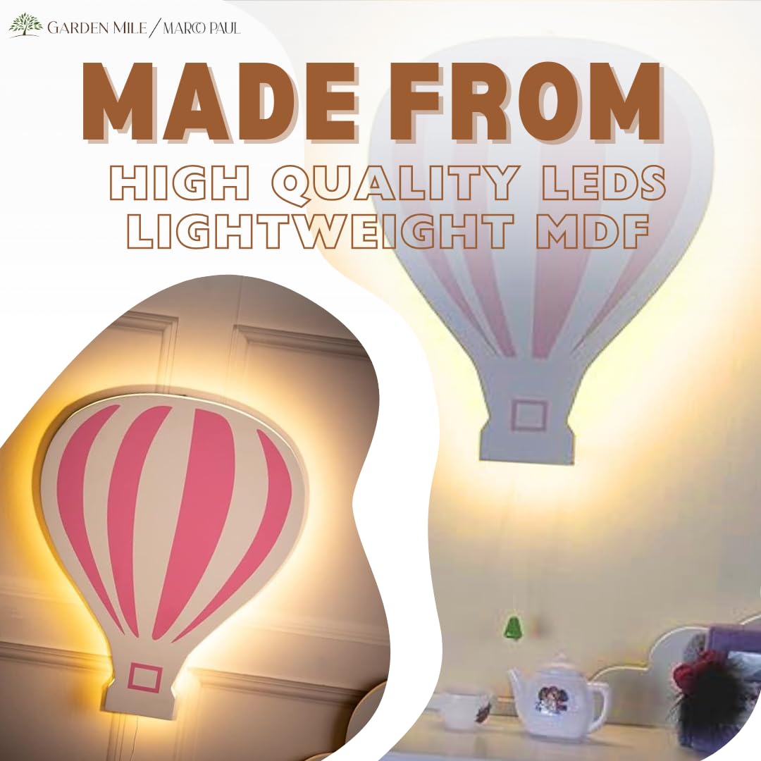 Marco Paul Modern Wooden White LED Night Light - Battery Powered Wall Mounted Nursery Lamp for Kids Room, Baby Gifts & Bedroom Decor - Perfect for Night Feedings, Bedside Lighting & Nursery Wall Decor (Pink Hot Air Balloon)