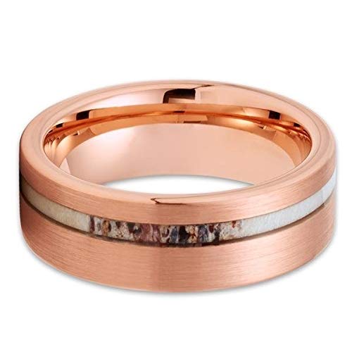 Rose Gold Tungsten Wedding Band - 18k Rose Gold Plated Deer Antler Design for Men & Women - Comfort Fit Tungsten Carbide Anniversary Ring - Perfect for Engagements, Weddings & Special Occasions