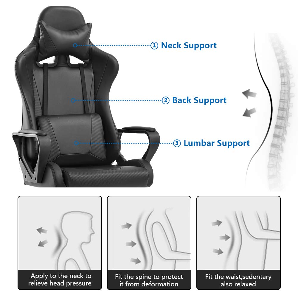 Racing Style Gaming Chair - Ergonomic High Back Office Chair with Adjustable Headrest & Lumbar Support, Swivel Computer Desk Chair for Gaming, Work & Home Use - Black