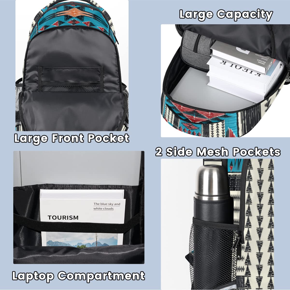 Aztec Geometric Backpack for Boys & Girls - Durable School Backpack for Teens & College Students, Laptop Backpack with USB Charging Port, Travel Daypack Bookbag for Hiking, Work & Daily Use