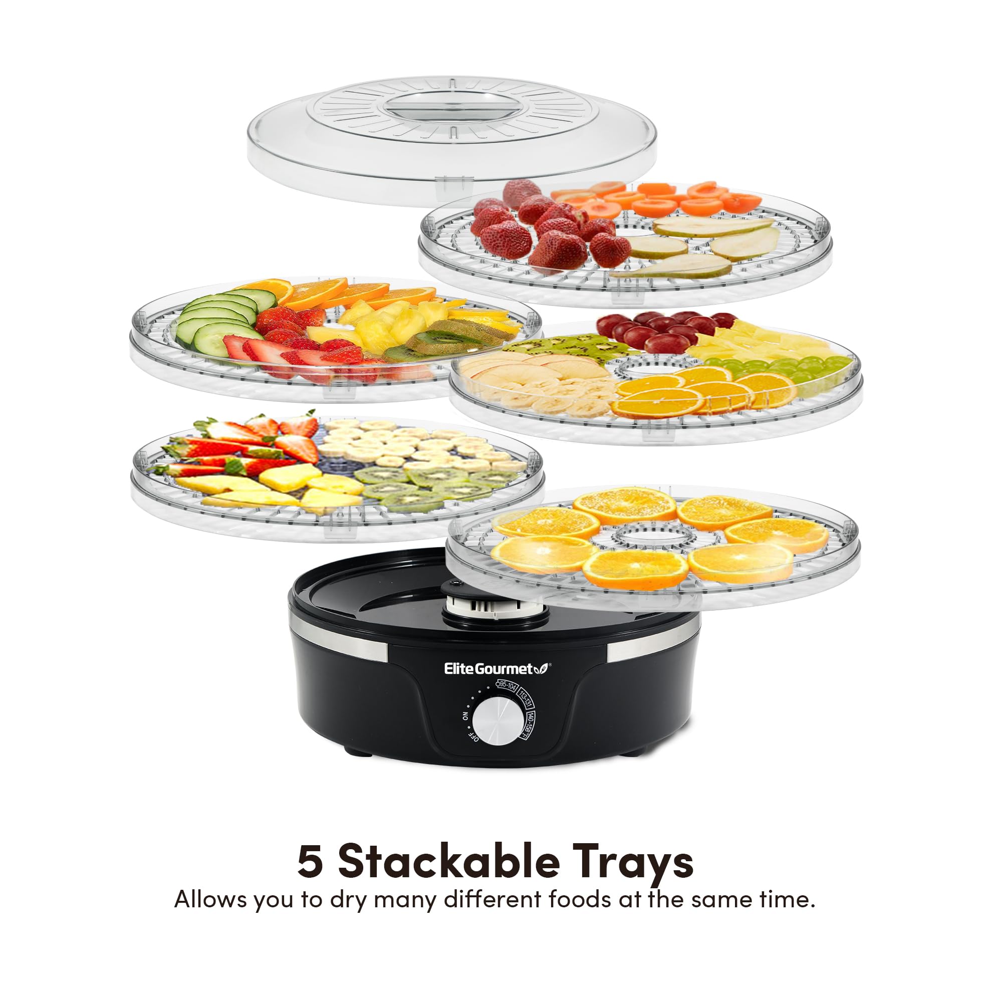 Elite Gourmet EFD319 5-Tray Food Dehydrator with Adjustable Temperature - BPA-Free 11.4