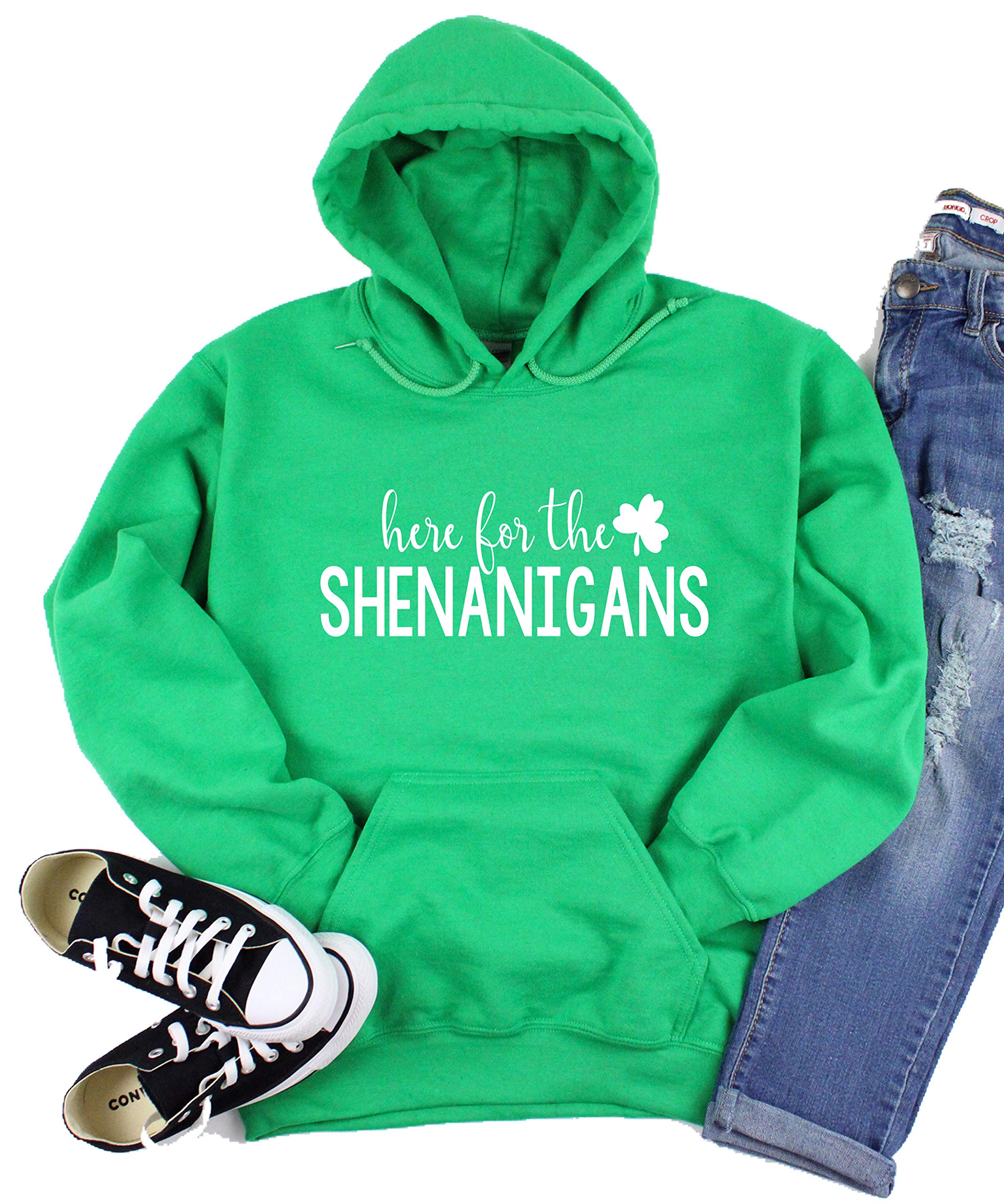 St. Patrick's Day Hoodie - 'Here for The Shenanigans' Irish Sweatshirt for Men & Women | St. Paddy's Day Party, Pub Crawl & Festive Celebration Outfit