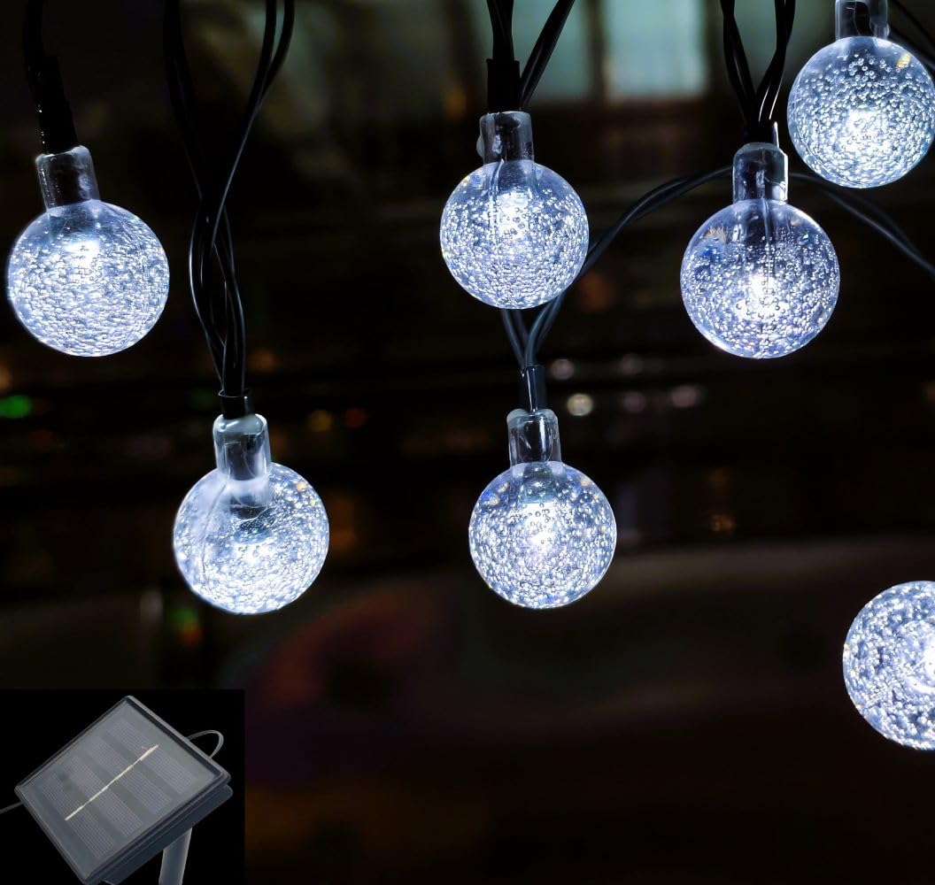 Solar Powered String Lights Outdoor - 20ft Waterproof 30 LED Crystal Globe Fairy Lights with 8 Lighting Modes for Backyard, Patio, Garden, Wedding & Christmas Decorations (White) - Perfect for Holiday Parties, Romantic Evenings and Outdoor Ambiance
