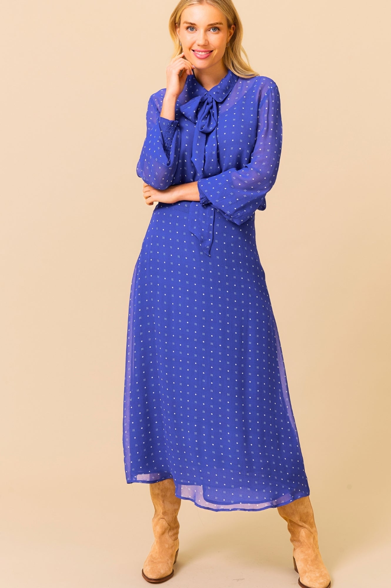 Kate Skirt - Polka Dot Cobalt & White Flared Midi Skirt for Women | Perfect for Office, Date Night & Summer Outfits