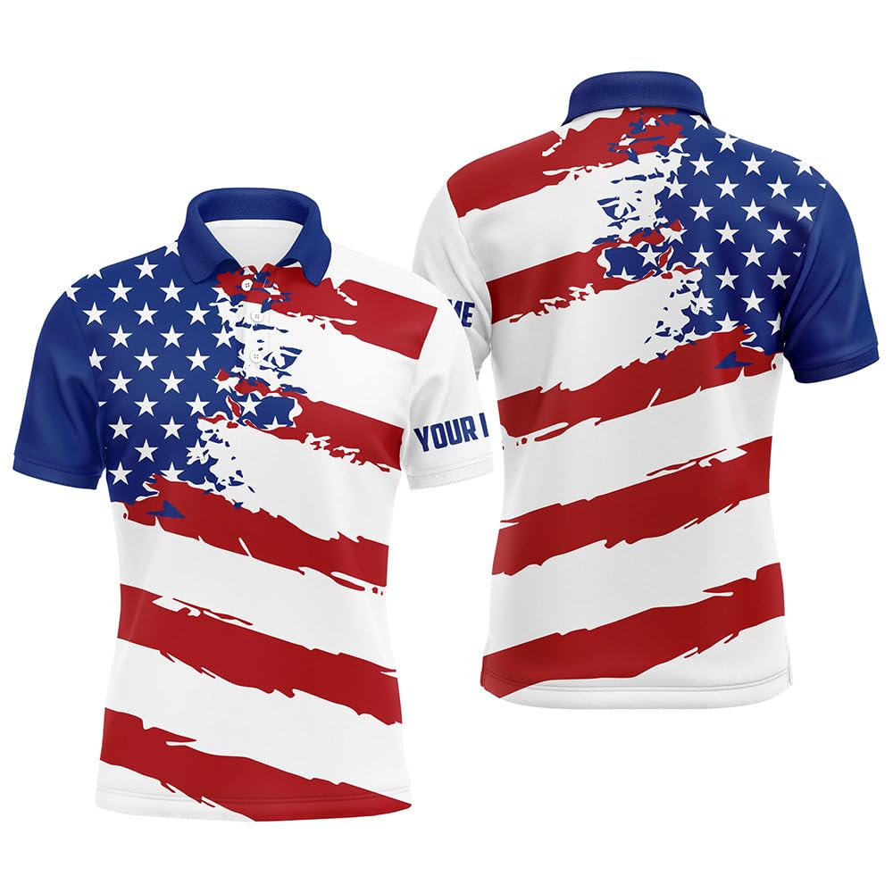 Custom Patriotic American Flag Golf Polo Shirts for Men - Personalized Name Team Golf Shirts, Short Sleeve Performance Polo Gift for Golfers | Perfect for Father's Day, Golf Tournaments & 4th of July Events