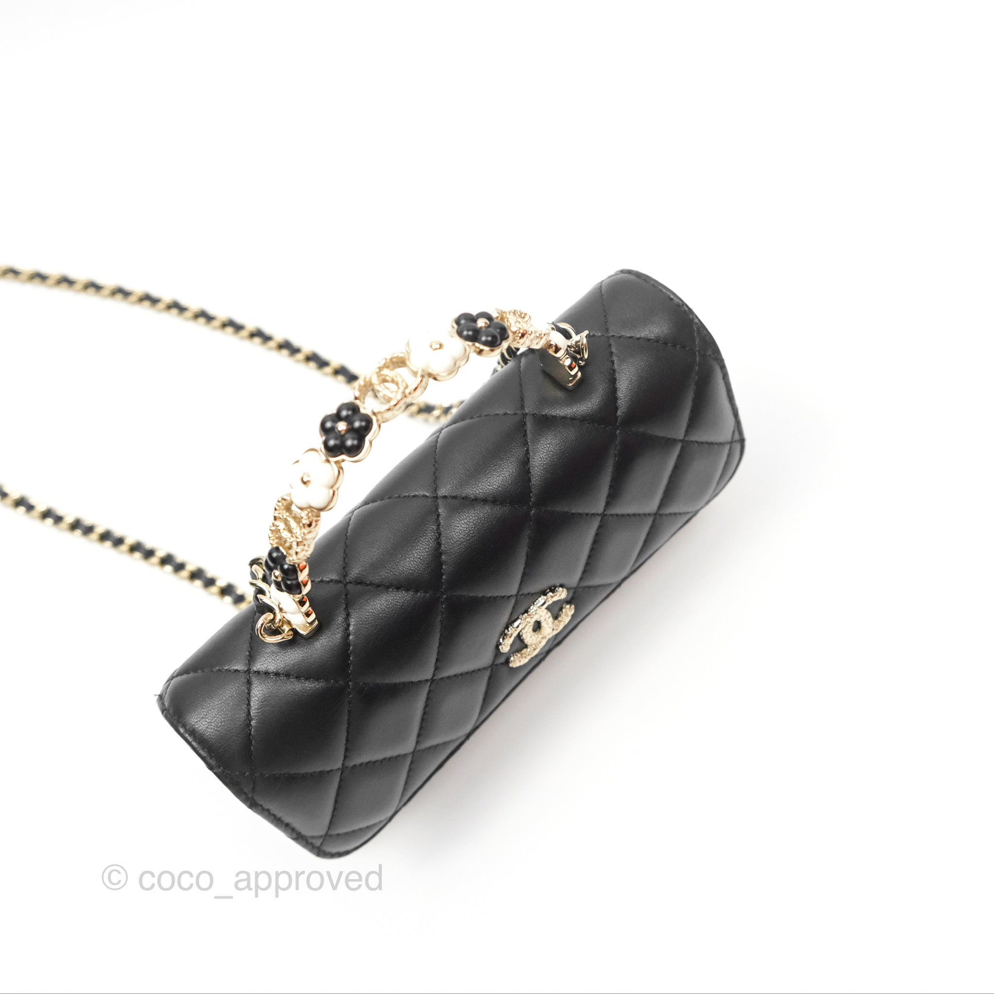 Chanel Camellia Handle Mini WOC Phone Holder Crossbody Bag with Chain - Black Lambskin Leather 23K Gold Hardware | Luxury Evening Out & Date Night Accessory