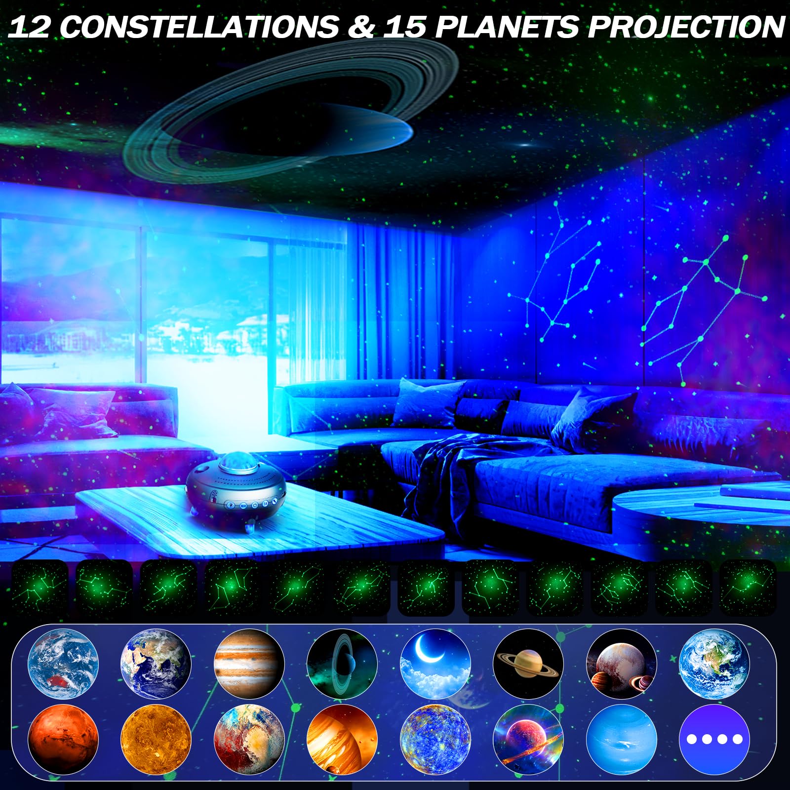 Stars Constellations Planetarium Night Light - 15 Realistic Planets with Bluetooth Speaker | Solar System Space Projector for Kids & Adults | Perfect for Bedroom Decor, Astronomy Learning & Relaxation