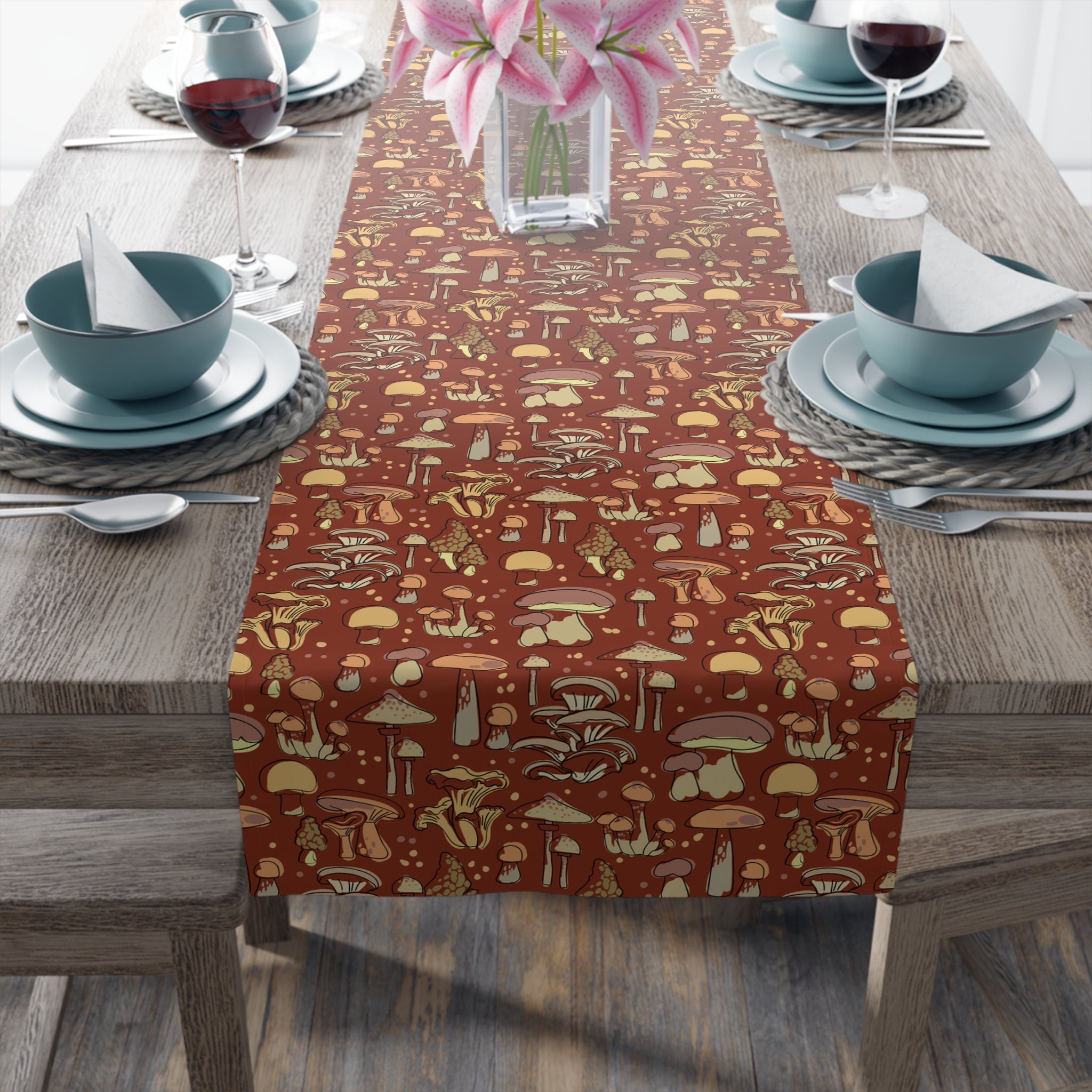 Stylish Cotton or Polyester Table Runner with Groovy Brown Mushroom Print - 2 Size Options for Dining & Kitchen Decor