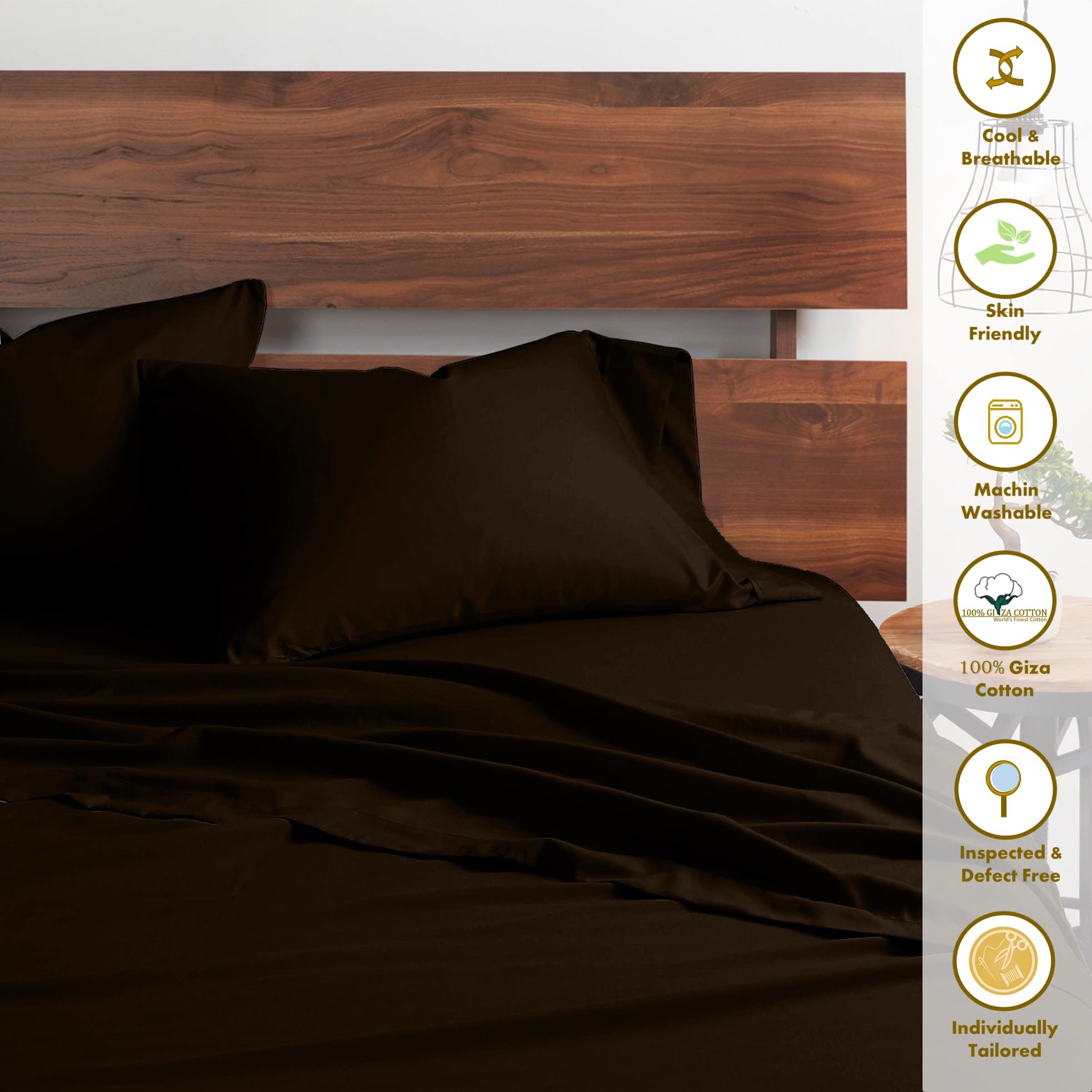 100% Certified Giza Cotton Pillowcase & Sheet Set - Queen XL Size, Soft Sateen Weave, Breathable Egyptian Cotton, Fits Up to 15-Inch Deep Pocket Mattress - Chocolate Brown | Luxury Bedding for Hotels, Guest Rooms & Master Bedrooms