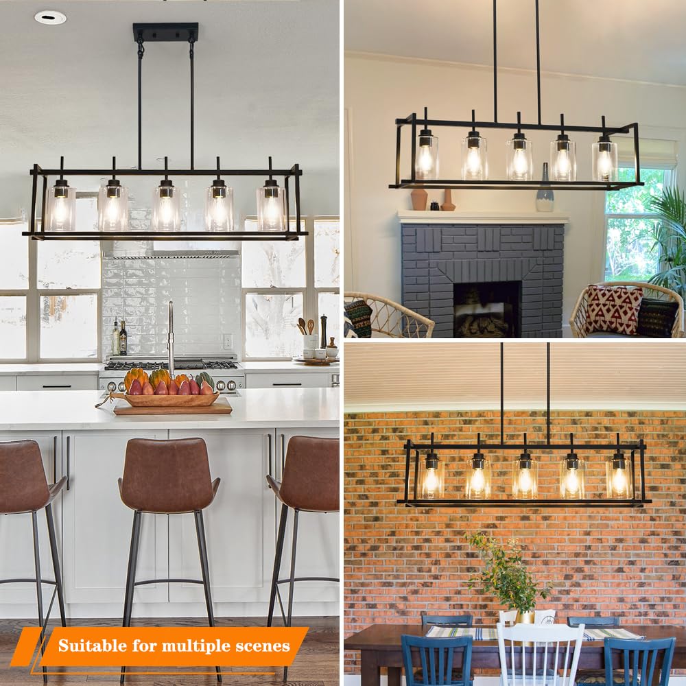 Farmhouse Chandelier - 5-Light Rectangular Rustic Black Pendant Lighting for Kitchen Island & Dining Room | Modern Farmhouse Ceiling Light Fixture Over Table | Perfect for Country Style Homes, Restaurants and Cabin Decor