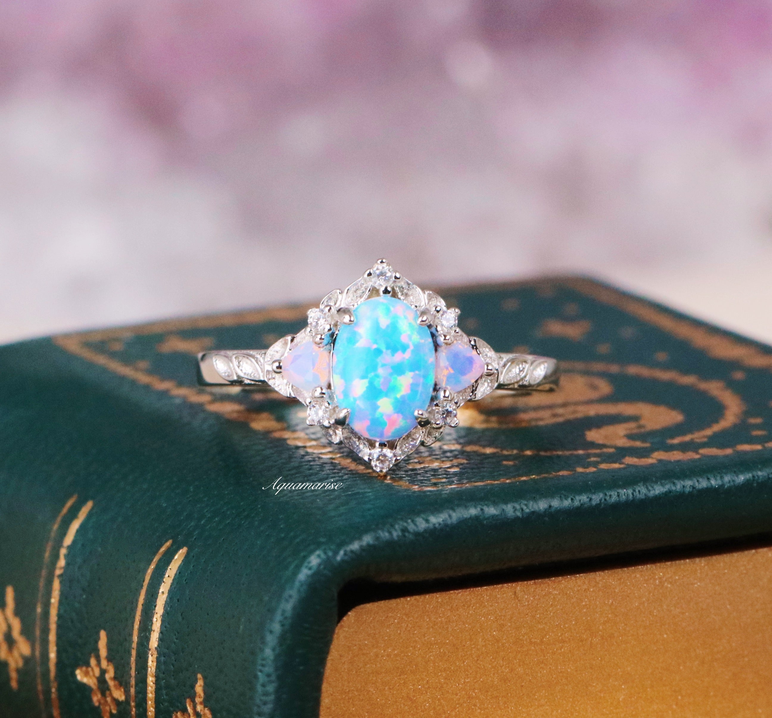 Blue Fire Opal & Opalescent Sapphire Leaf Fairy Ring - 925 Sterling Silver Jewelry for Women - Perfect for Weddings, Parties & Special Occasions