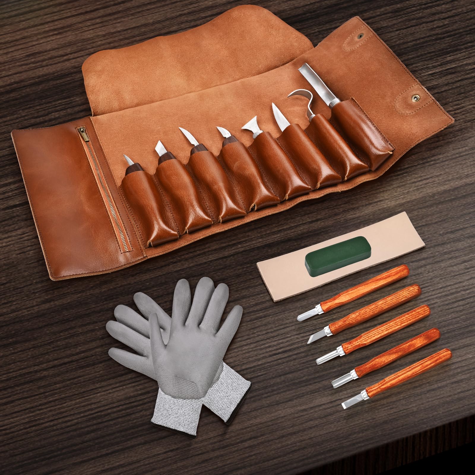 Premium Wood Carving Kit for Beginners - 12-Piece Deluxe Wood Carving Tools Set with Whittling Knives & Leather Case - Perfect for Whittling, DIY Wood Crafts, and Hobby Projects