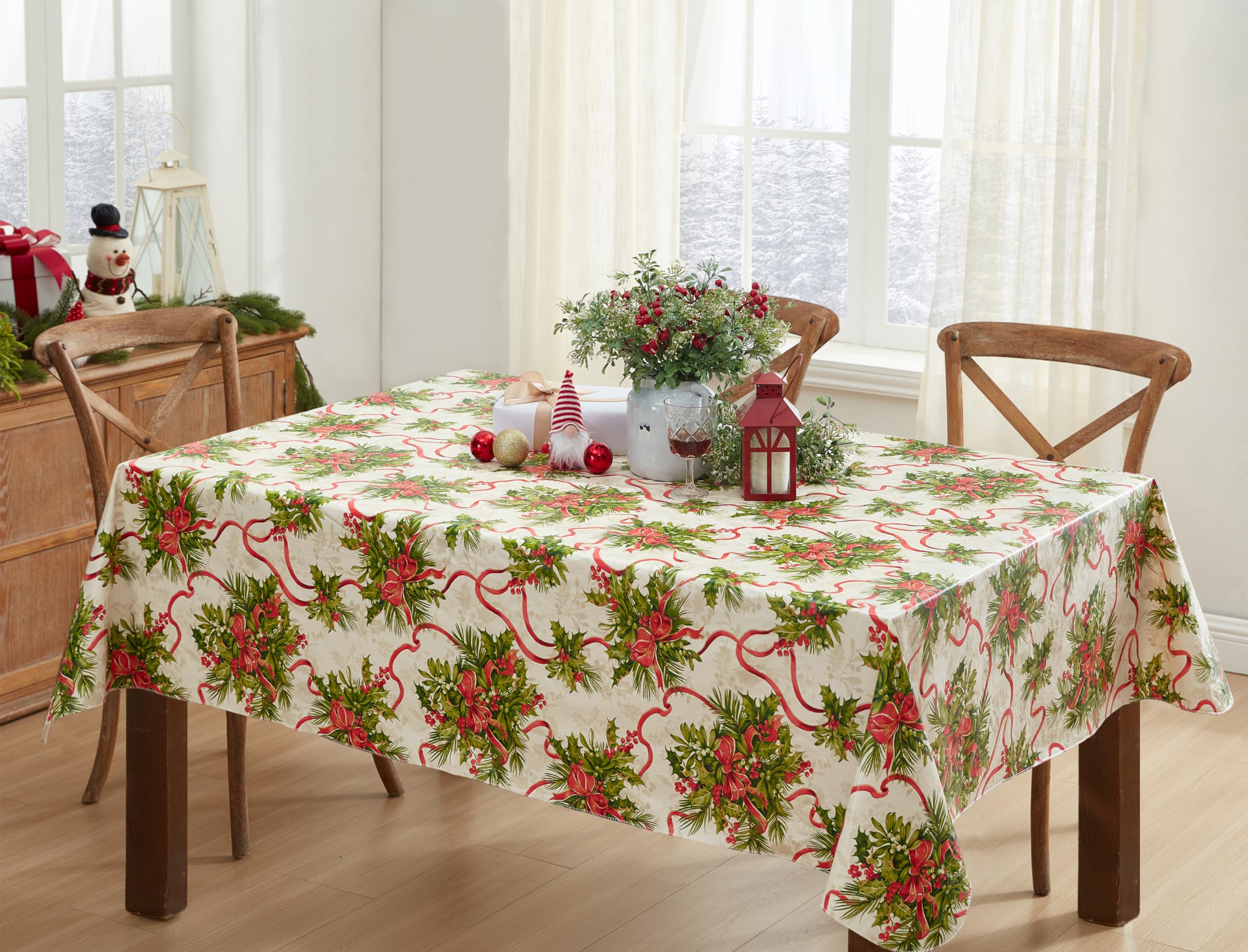 Newbridge Christmas Holly Traditions Vinyl Tablecloth with Flannel Backing - Red Holly Berry & Ribbons Holiday Table Cover, 52” x 70” Rectangle, Wipe Clean & Easy Care - Perfect for Holiday Dinners, Christmas Parties & Festive Home Decor