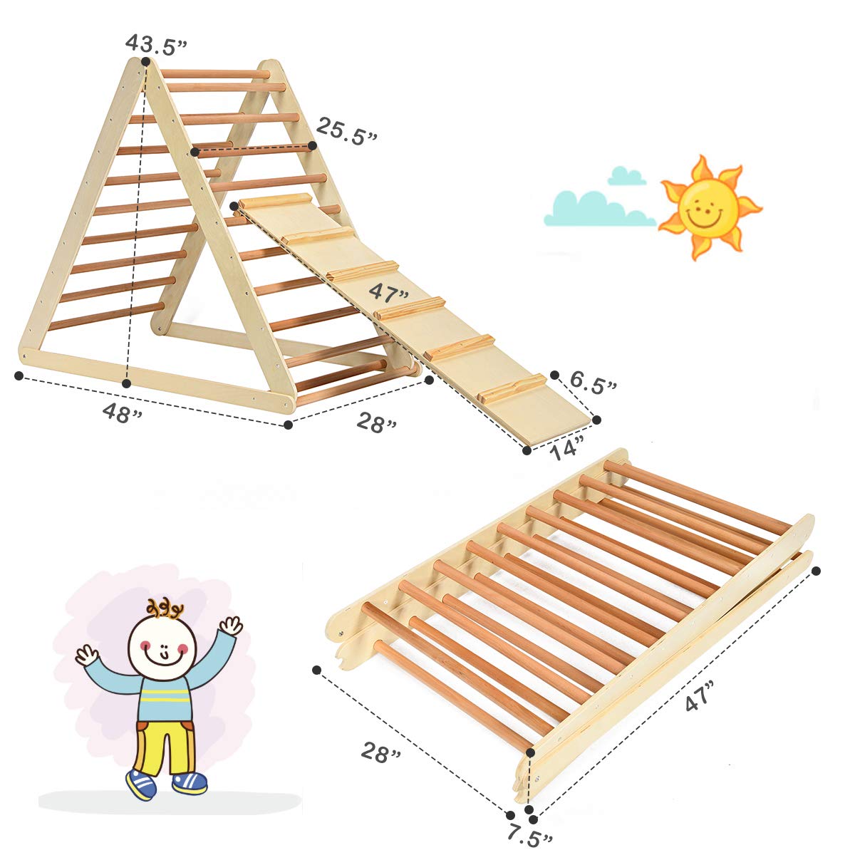 HONEY JOY 2-in-1 Foldable Wooden Triangle Climber with Ramp, Ladder & Slide - Indoor Toddler Climbing Set for Playground, Gym & Daycare - Perfect Gift for Boys & Girls (Natural) - Ideal for Montessori Play, Home Exercise & Early Childhood Development