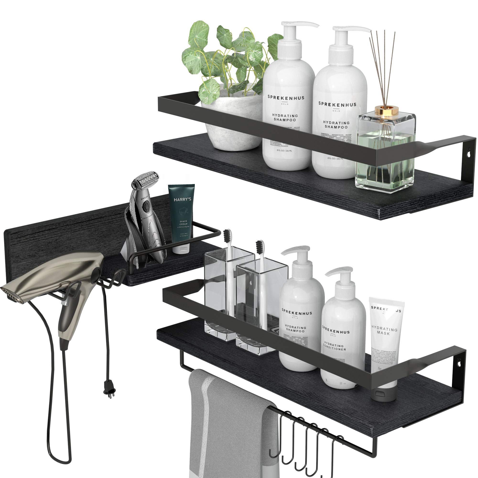 LYNNC 3-in-1 Rustic Floating Shelves with Towel Bar - Wall Mounted Storage Shelves for Bathroom, Kitchen & Bedroom - Decorative Organizer for Towels, Spices & Decor - Perfect for Small Space Organization (Set of 3)