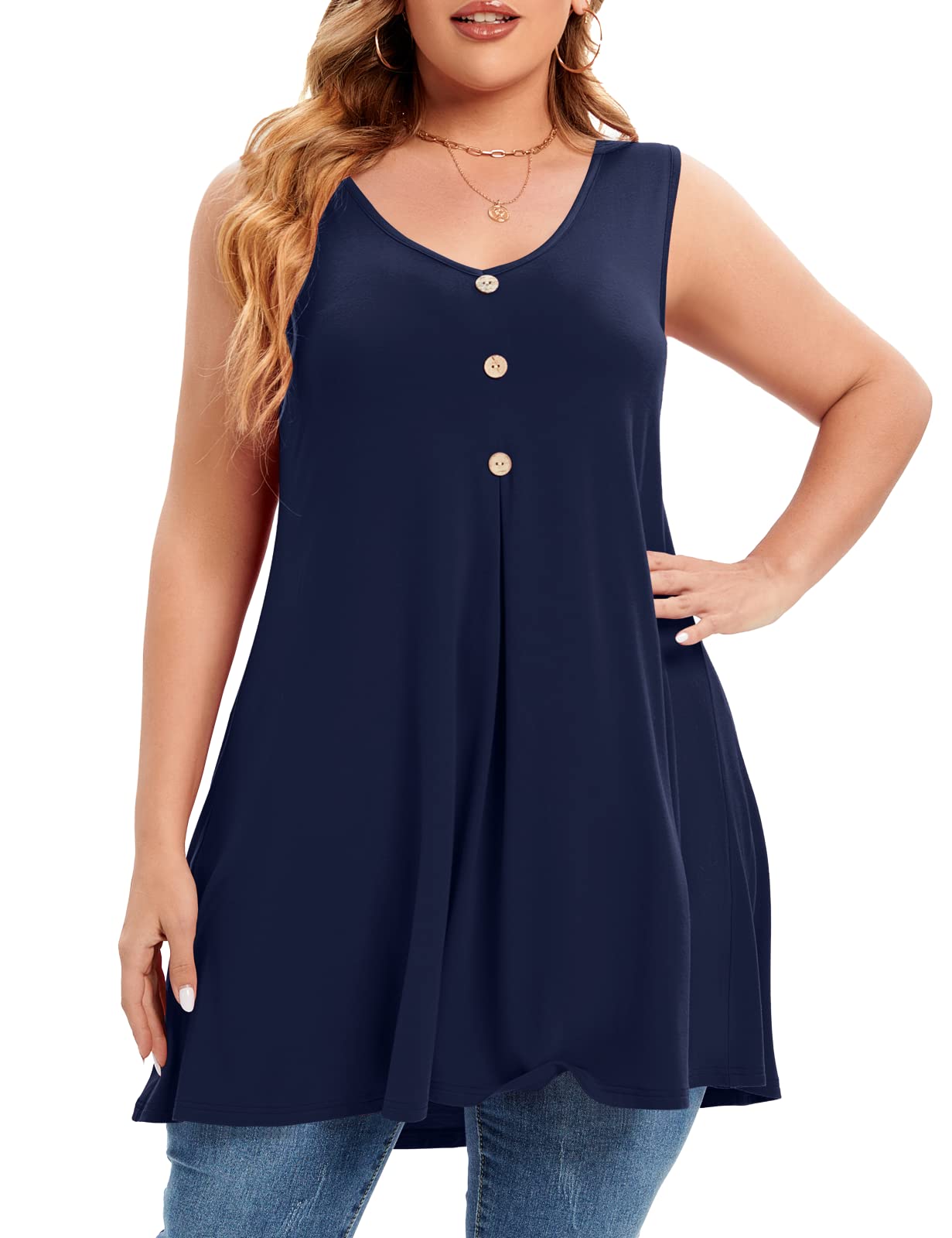 MONNURO Women's Plus Size V Neck Button Down Tank Top - Casual Flowy Sleeveless Summer Tunic Shirt for Women | Perfect for Beach, Vacation & Everyday Wear