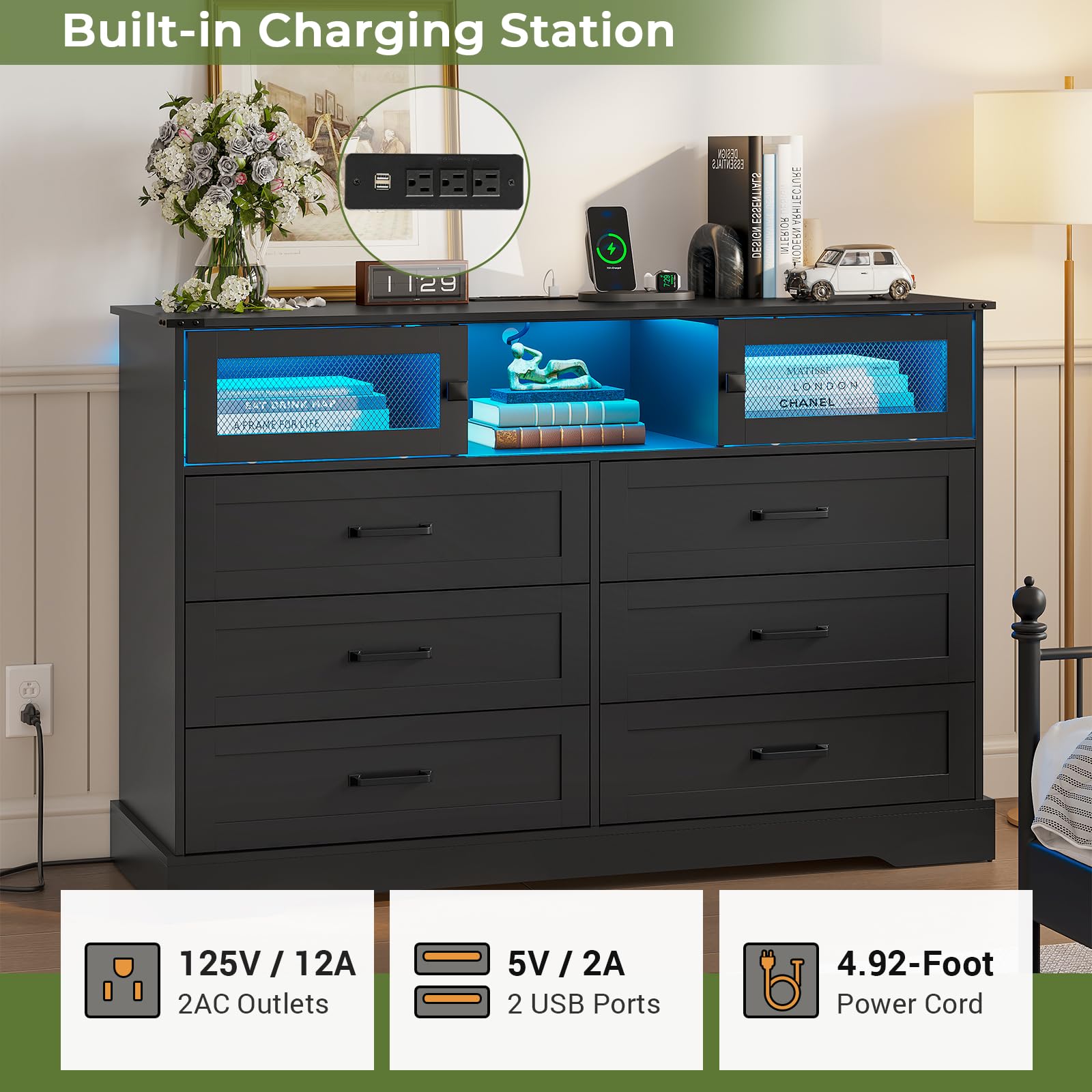 Hasuit 6-Drawer LED Dresser with USB Charging Station - Farmhouse Style Closet Organizer & Clothes Storage Cabinet - Perfect for Bedroom, Living Room, Hallway (Black) | Ideal for Home Organization, Nightstand Alternative, and Modern Bedroom Decor