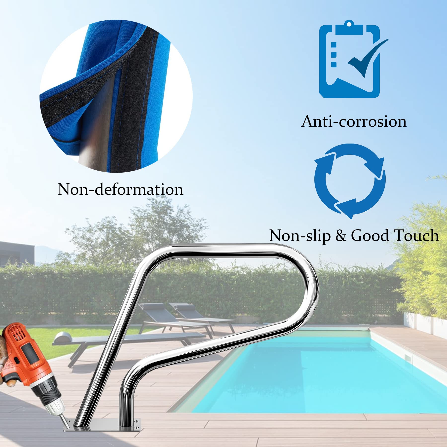 304 Stainless Steel Pool Handrails 32x23 - Rustproof Swimming Pool Safety Railing with Blue Grip Cover, Quick Mount Base Plate & Accessories - Perfect for Inground & Above Ground Pools, Backyard Safety & Easy Pool Entry/Exit