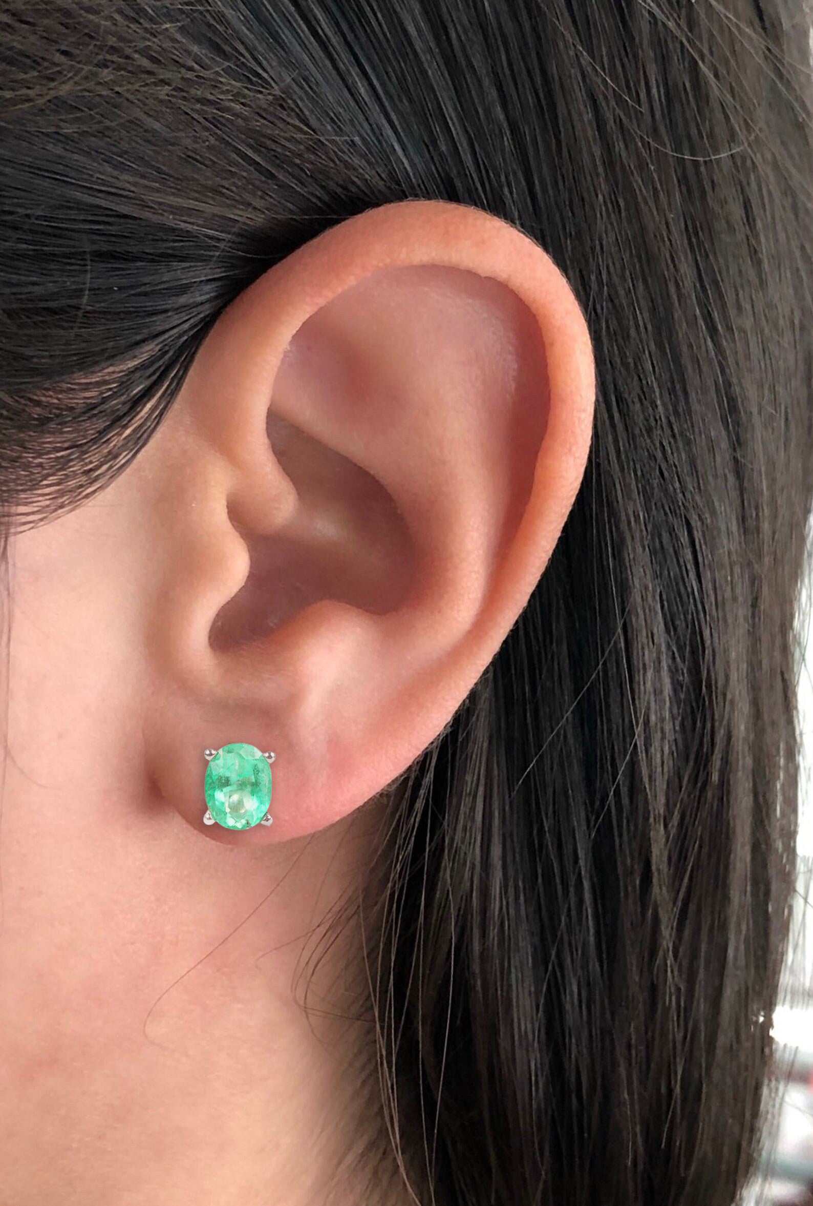 2.0TCW Certified Natural Bright Green Emerald Oval Stud Earrings in 14K Gold - Elegant Scroll Design for Women, Perfect for Weddings, Parties & Special Occasions