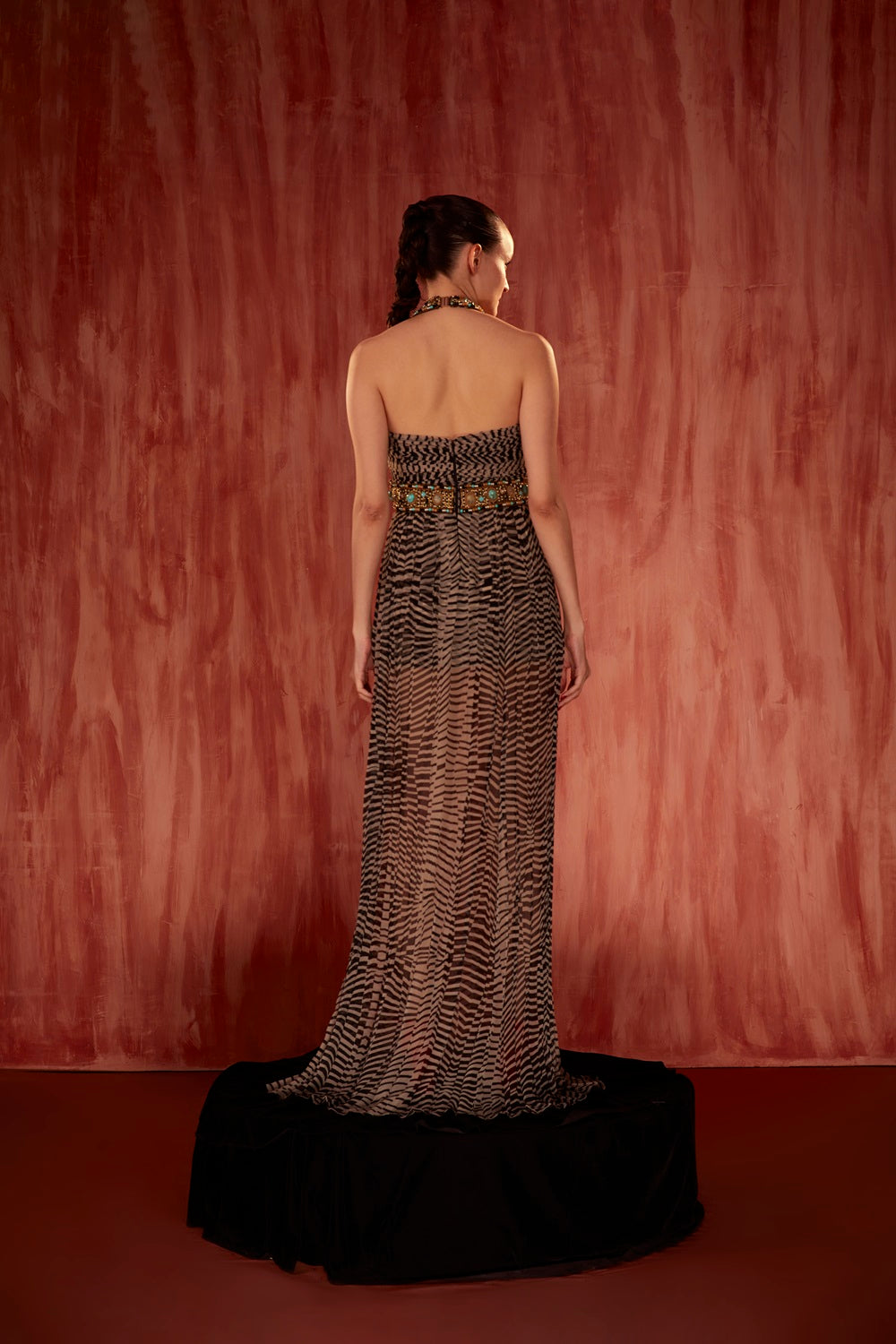 Elegant Black & White Byzantine Halter Maxi Dress with Pearl Cutwork Embroidery - Perfect for Evening Parties, Weddings & Special Occasions