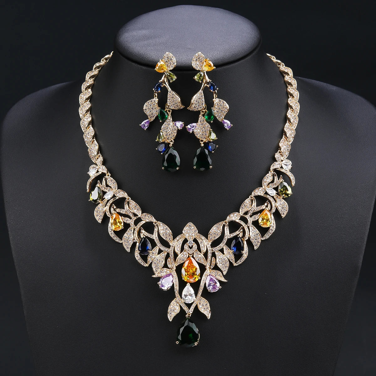 Big Water Drop Cubic Zirconia Bridal Wedding Jewelry Set - Elegant Ladies Party Leaf Design Necklace & Earrings Set CN11310 | Perfect for Weddings, Anniversaries & Formal Events
