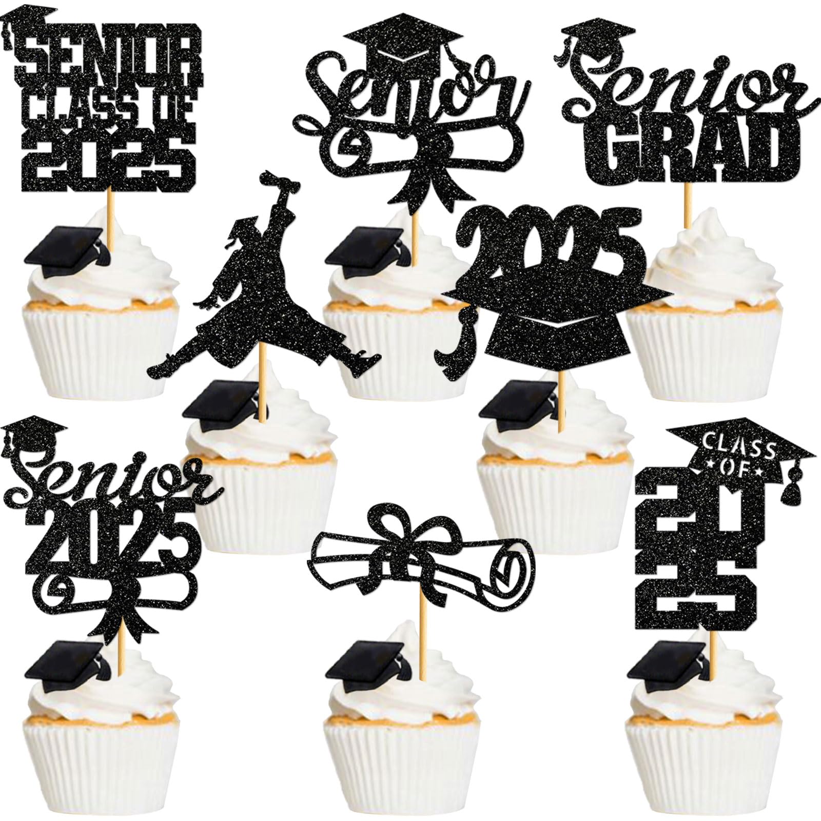 40Pcs Graduation Cupcake Toppers 2025 - Black Glitter Senior Class of 2025 Cupcake Decorations with Diploma & Grad Cap Picks - Perfect for High School Graduation Party Supplies, College Graduation Celebrations & Commencement Dessert Decor