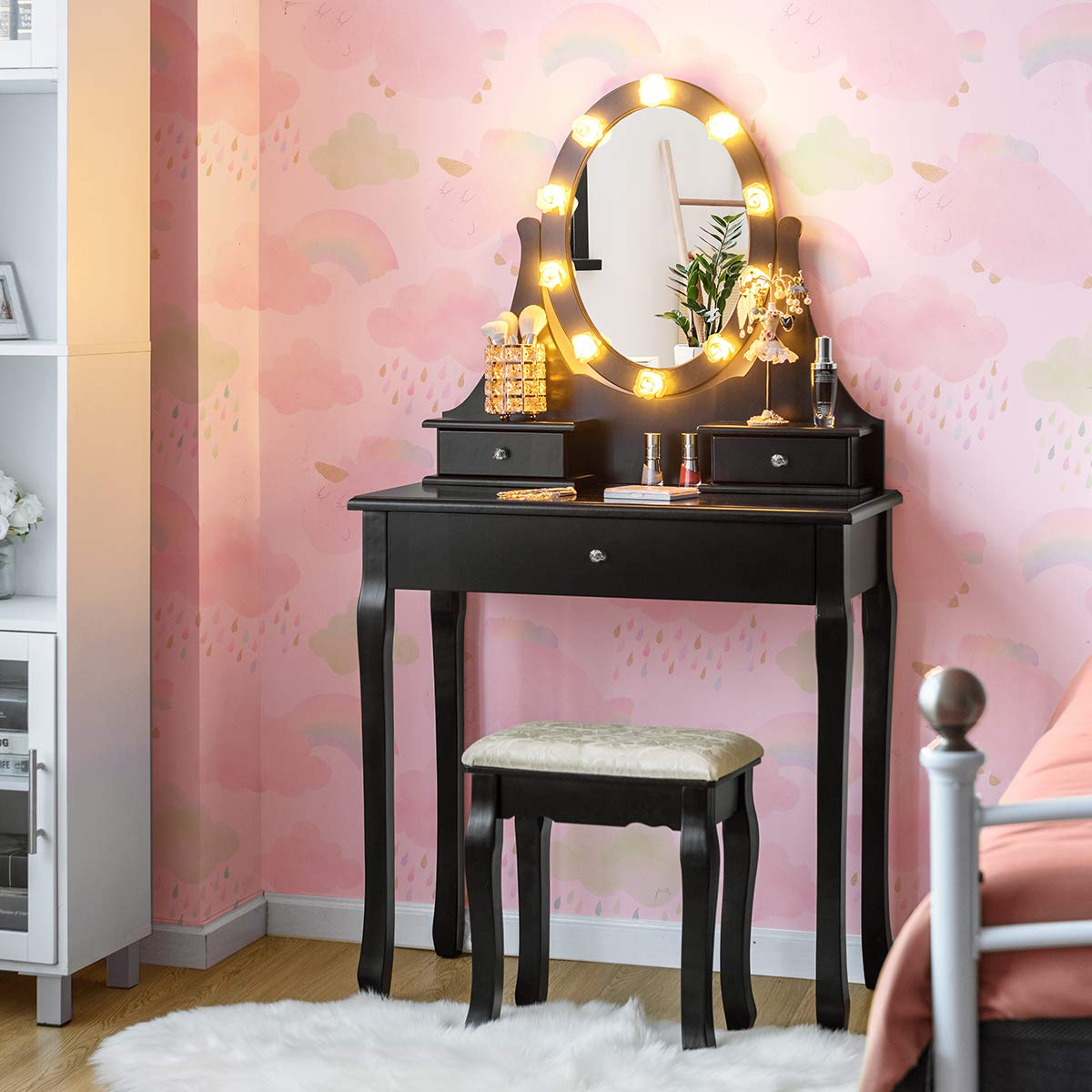 GOFLAME Vanity Table Set with 360° Rotating LED Makeup Mirror, 3-Drawer Dressing Table & Cushioned Stool - Elegant Black Bedroom Vanity for Women & Girls | Perfect for Makeup, Skincare & Hair Styling