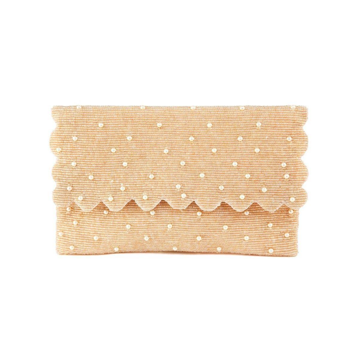 Elegant Beige Beaded Handbag with Pearl Embellishments & Scalloped Edge - Perfect for Evening Parties, Weddings & Special Occasions