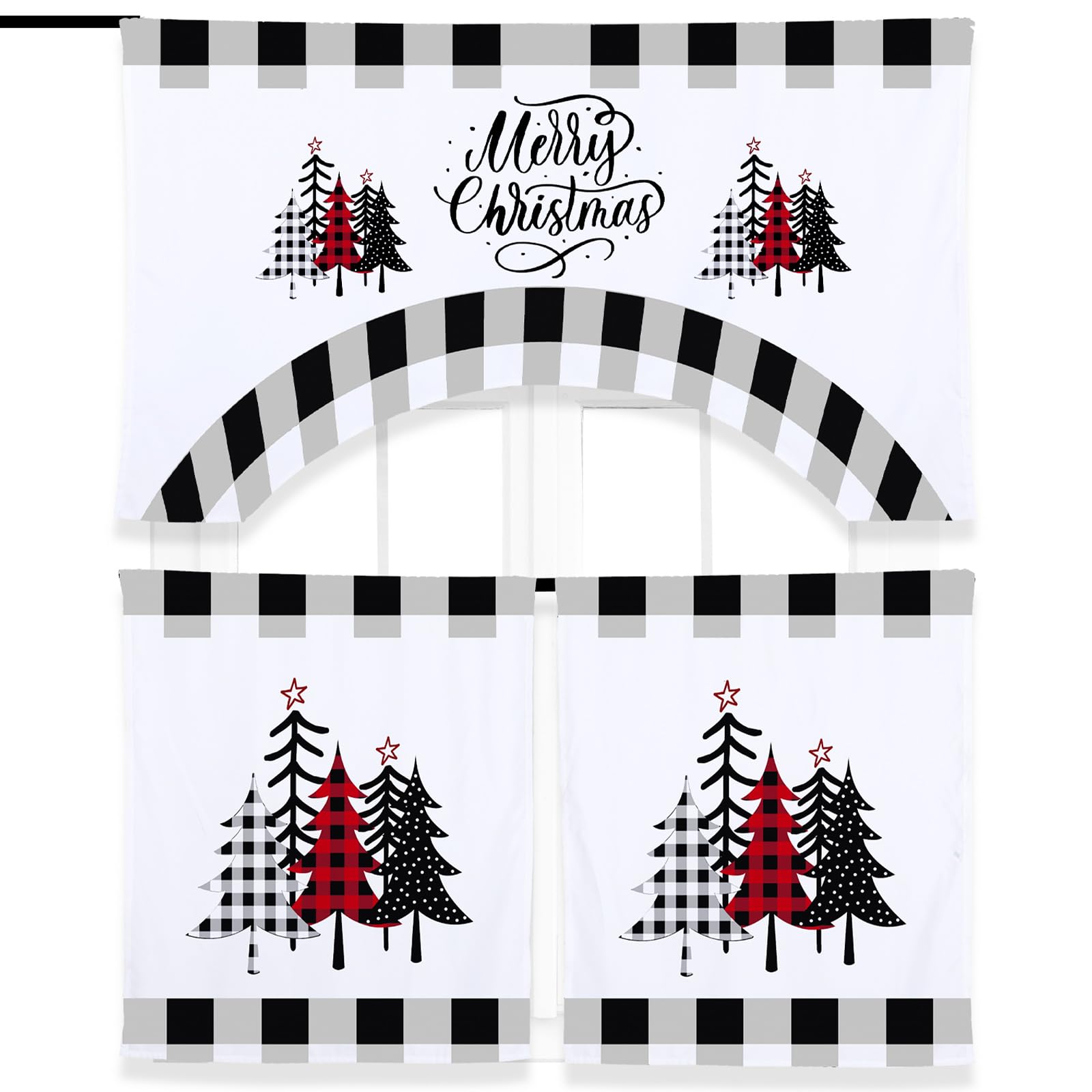 Ganeen 3-Piece Christmas Kitchen Curtain Set - Buffalo Plaid Black & White Tier Curtains with Valance | Farmhouse Holiday Decor | Perfect for Kitchen Windows, Dining Room & Christmas Home Decoration