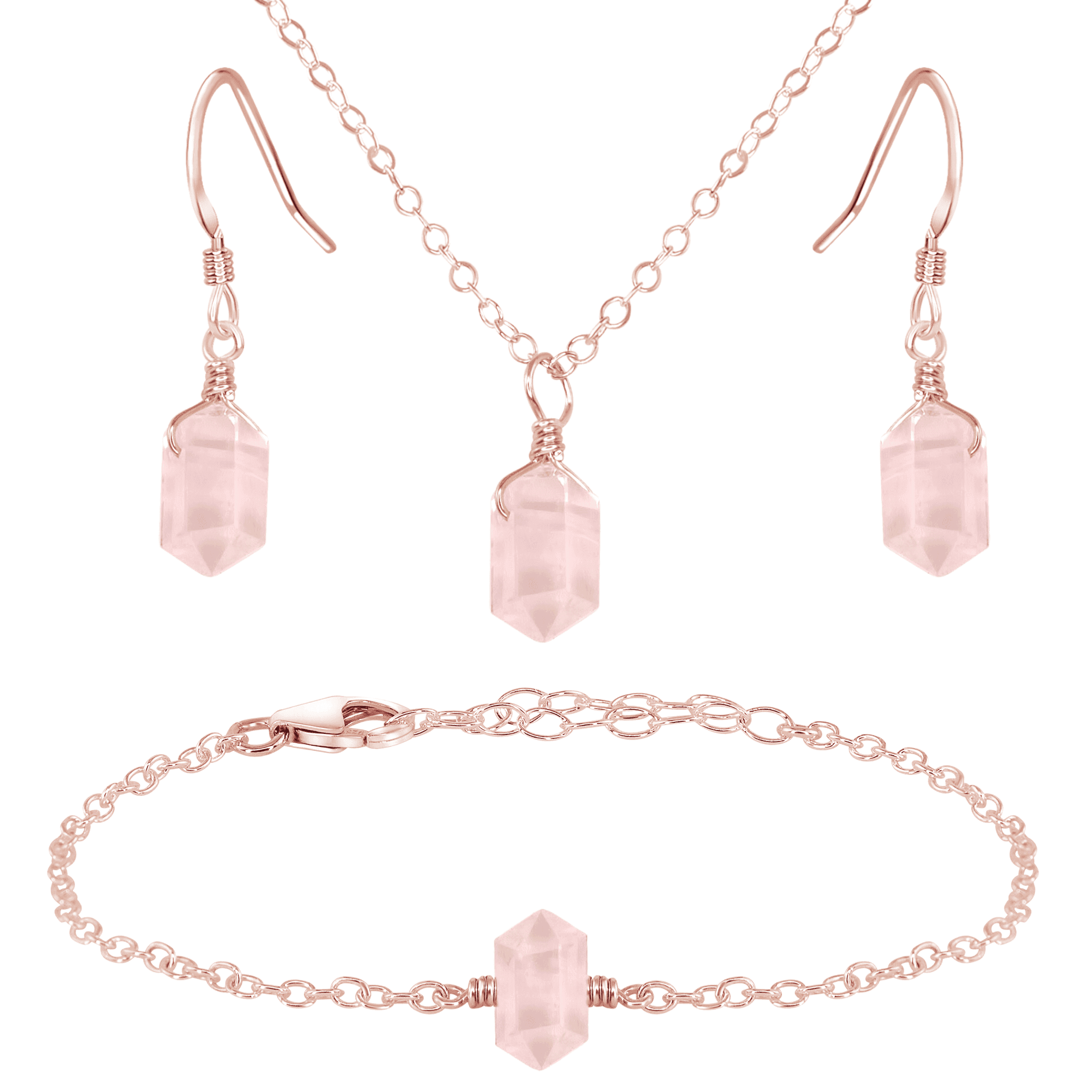 Rose Quartz Double Terminated Crystal Jewelry Set - Healing Stone Necklace & Earrings for Women - Perfect for Meditation, Energy Healing & Spiritual Gifts