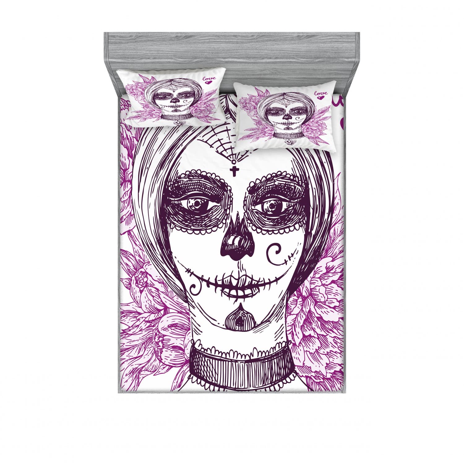 Ambesonne Gothic 2-Piece Queen Size Bedding Set - Vampire Skull Print Fitted Sheet & 4 Pillow Shams in Violet Purple & White | Spooky Halloween Decor, Gothic Bedroom Accessories for Vampire & Dark Theme Lovers