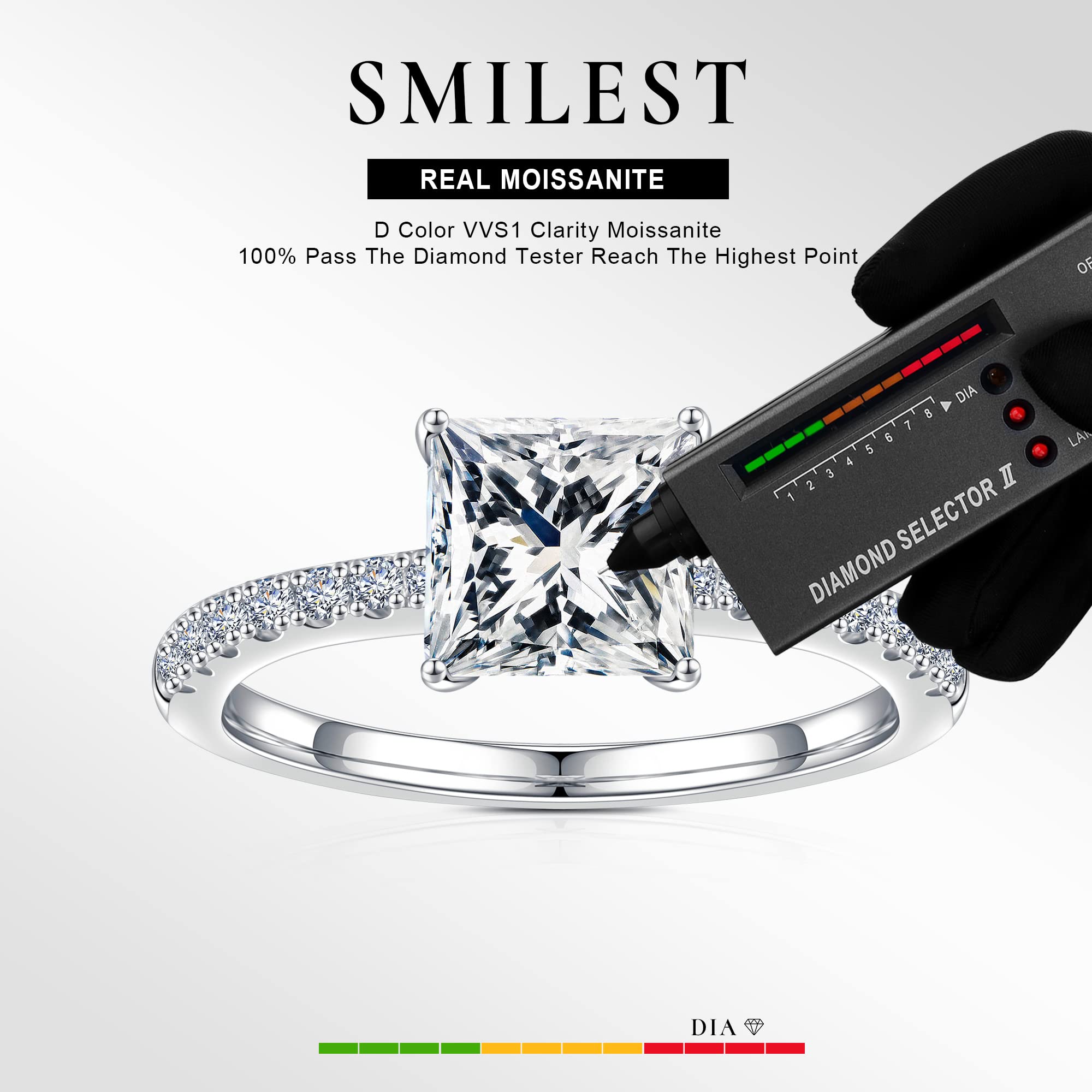 1.5ct Princess Cut Moissanite Engagement Ring for Women - D Color VVS1 Clarity Lab-Created Diamond Alternative - 18K White Gold Plated 925 Sterling Silver 4-Prong Wedding Band with Side Stones | Perfect for Proposals, Anniversaries & Special Occasions