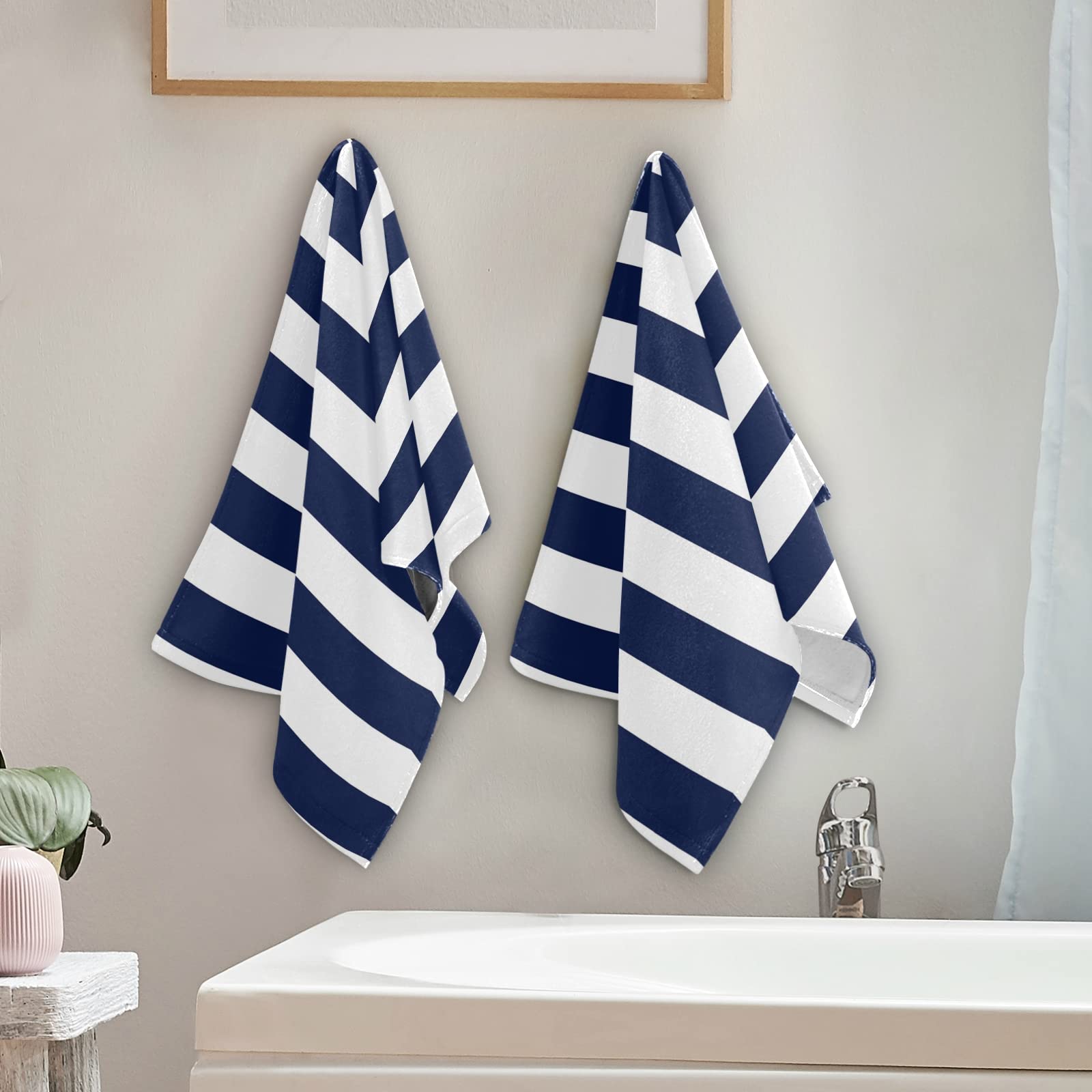 Premium 2-Pack Navy Blue & White Striped Bathroom Hand Towels - 14x28 Inch Soft Absorbent Cotton Towels for Hand, Face, Hair - Perfect for Kitchen, Bathroom & Tea Towel Use