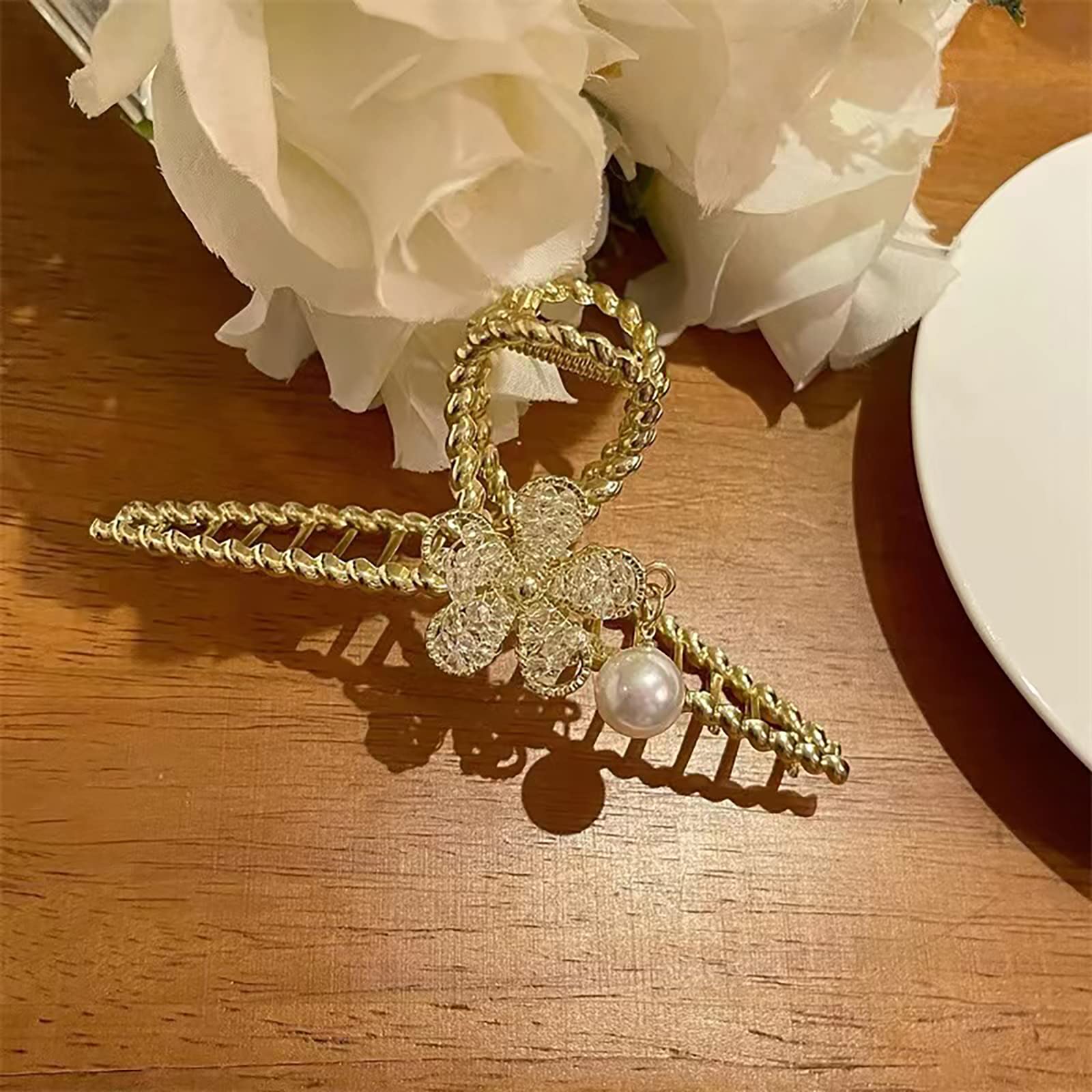 Elegant Crystal Flower Hair Clips for Women - Gold Metal Claw Hairpins for Thick Hair | Non-Slip Pearl Hair Accessories for Women & Girls | Perfect for Weddings, Parties & Daily Styling